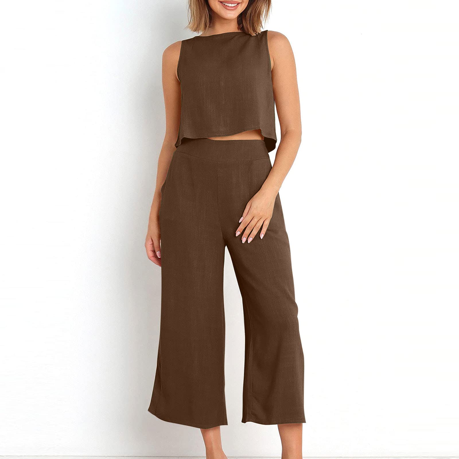 Women's 2-Piece Summer Outfit Set - Linen Crop Top & High Waist Wide Leg Capri Pants Lounge Set | Casual Wear, Beach Vacation, Yoga, Street Fashion