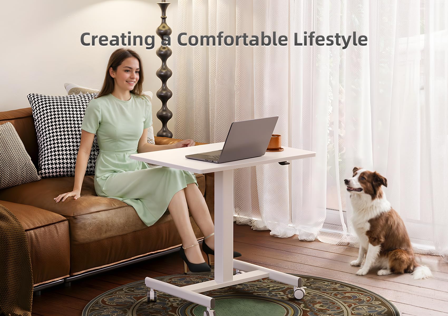 Claiks Adjustable Mobile Standing Desk - Compact Rolling Workstation with Wheels & Pneumatic Height Adjustment, White - Perfect for Home Office, Study & Small Spaces
