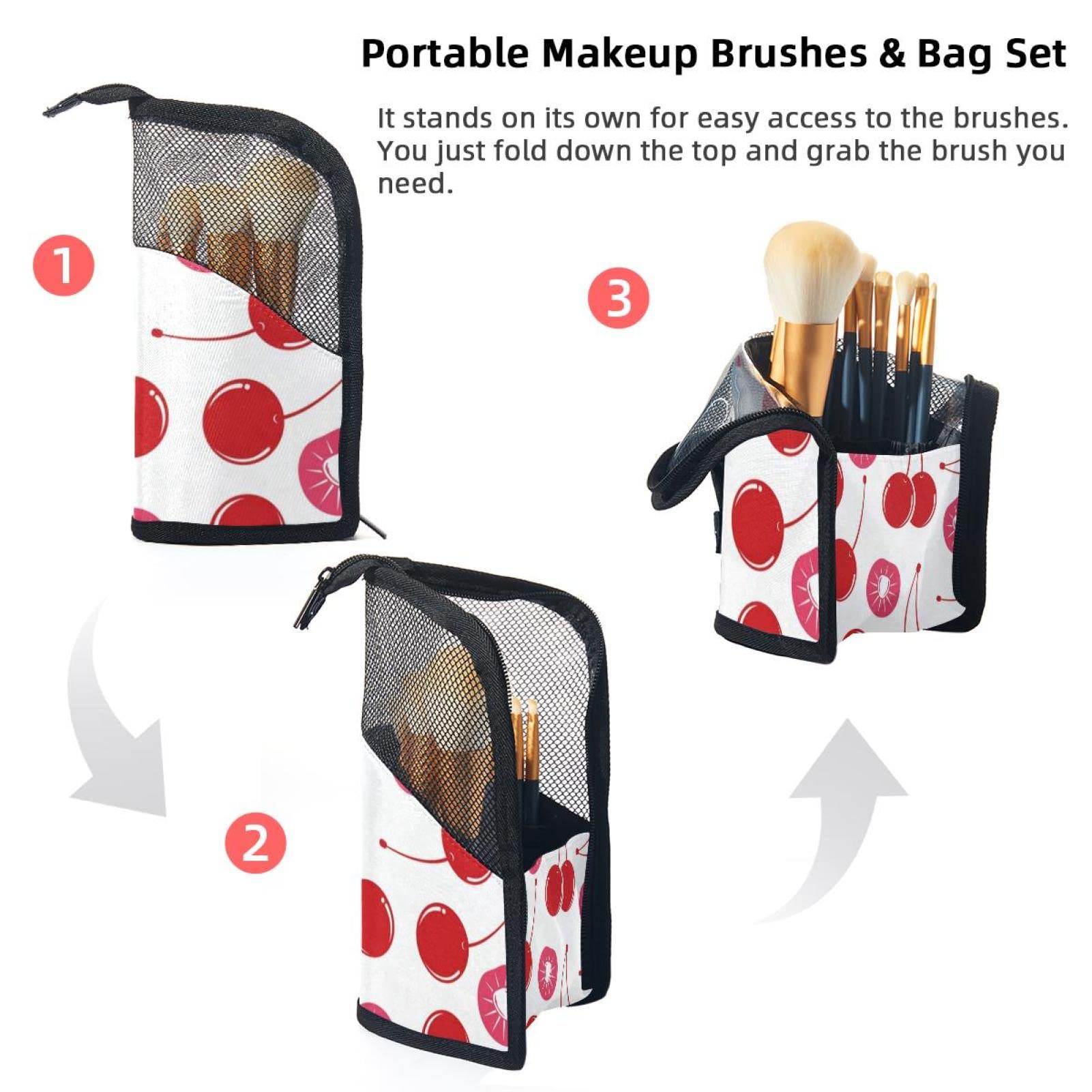 Portable Makeup Brush Organizer Bag with 12 Slots - Cherry Fruit Print Cosmetic Brush Holder Case for Travel & Home Storage | Perfect for Makeup Artists & Beauty Enthusiasts