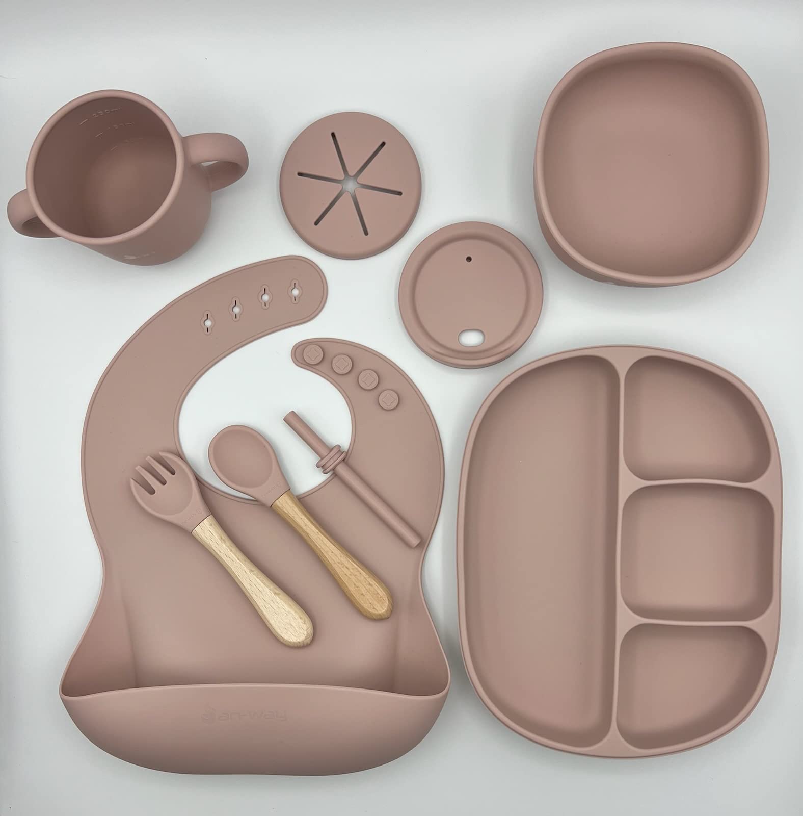 Non-Toxic Silicone Baby Feeding Set of 6 - BPA-Free Suction Plate, Bowl, Bib, Snack Cup, Drinking Cup with Wooden Spoon & Fork - Perfect for Toddlers 6-24 Months (Rose Pink) | Ideal for Home, Travel & Daycare Use