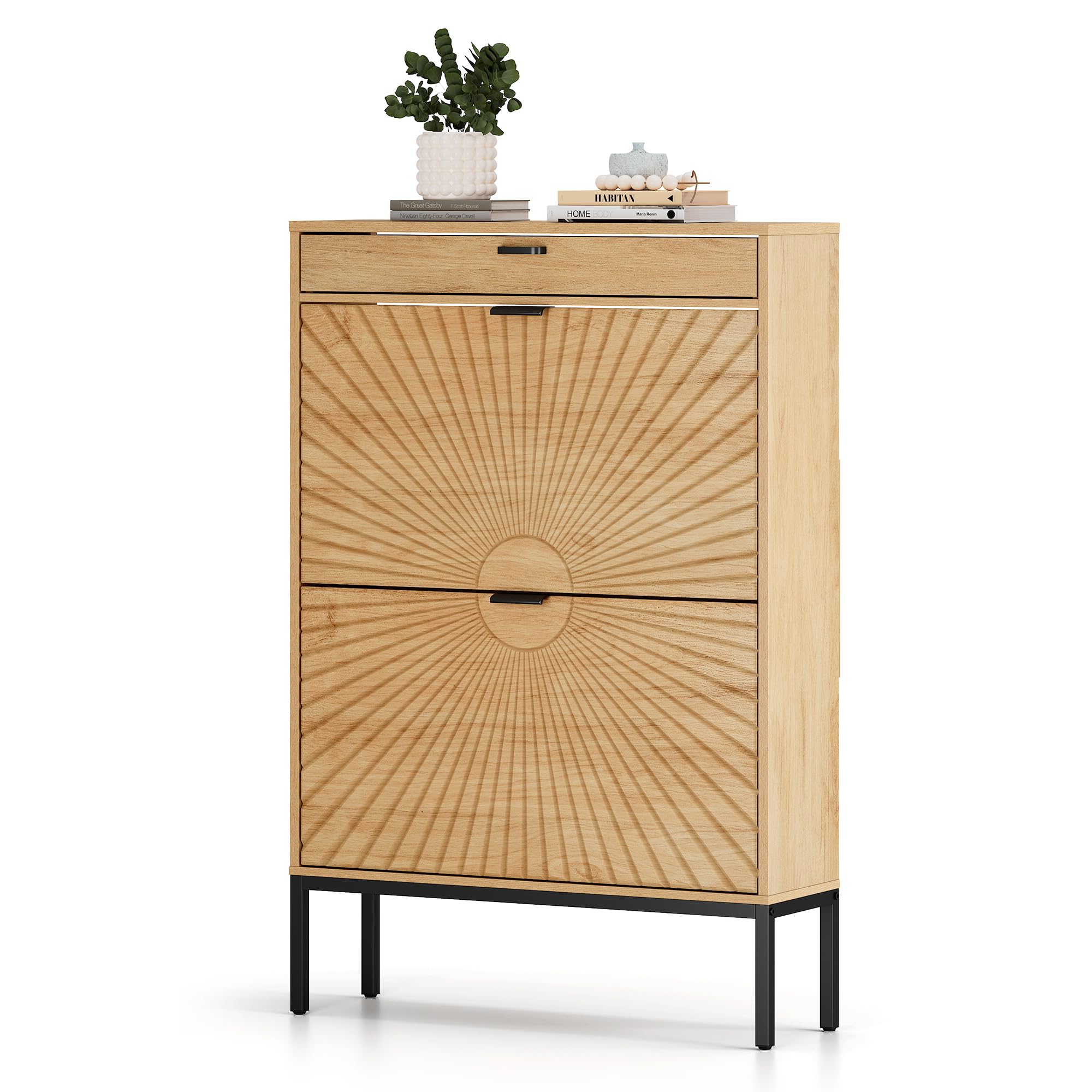 XIAO WEI Shoe Storage Cabinet with 2 Flip Half Moon Doors - Adjustable Shelf Freestanding Shoe Organizer for Entryway, Hallway & Closet (Oak) - Perfect for Small Spaces & Home Organization