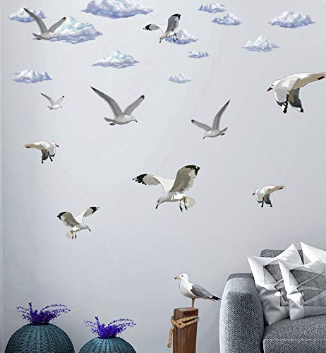 Beach Clouds & Seagulls Wall Decals - Coastal Themed Room Decor for Living Room, Office & Playroom - Perfect for Nautical Nursery, Beach House & Seaside Home Decor