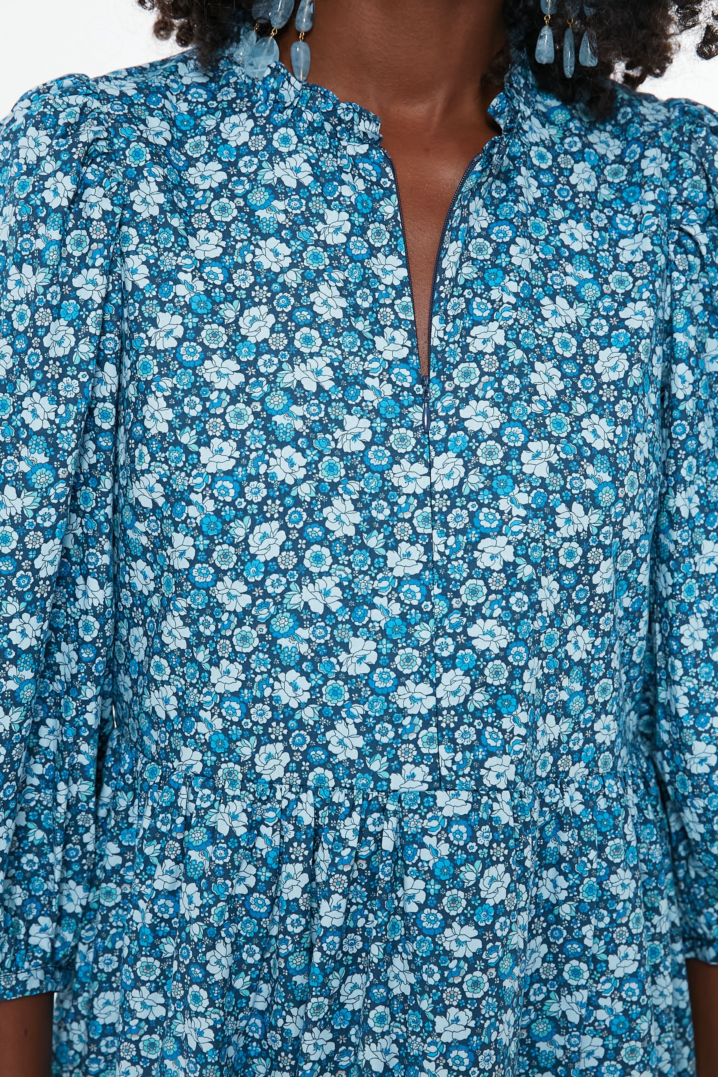 Blue Zip Front Floral Mini Dress - Stylish & Comfortable for Casual Outings, Parties & Date Nights