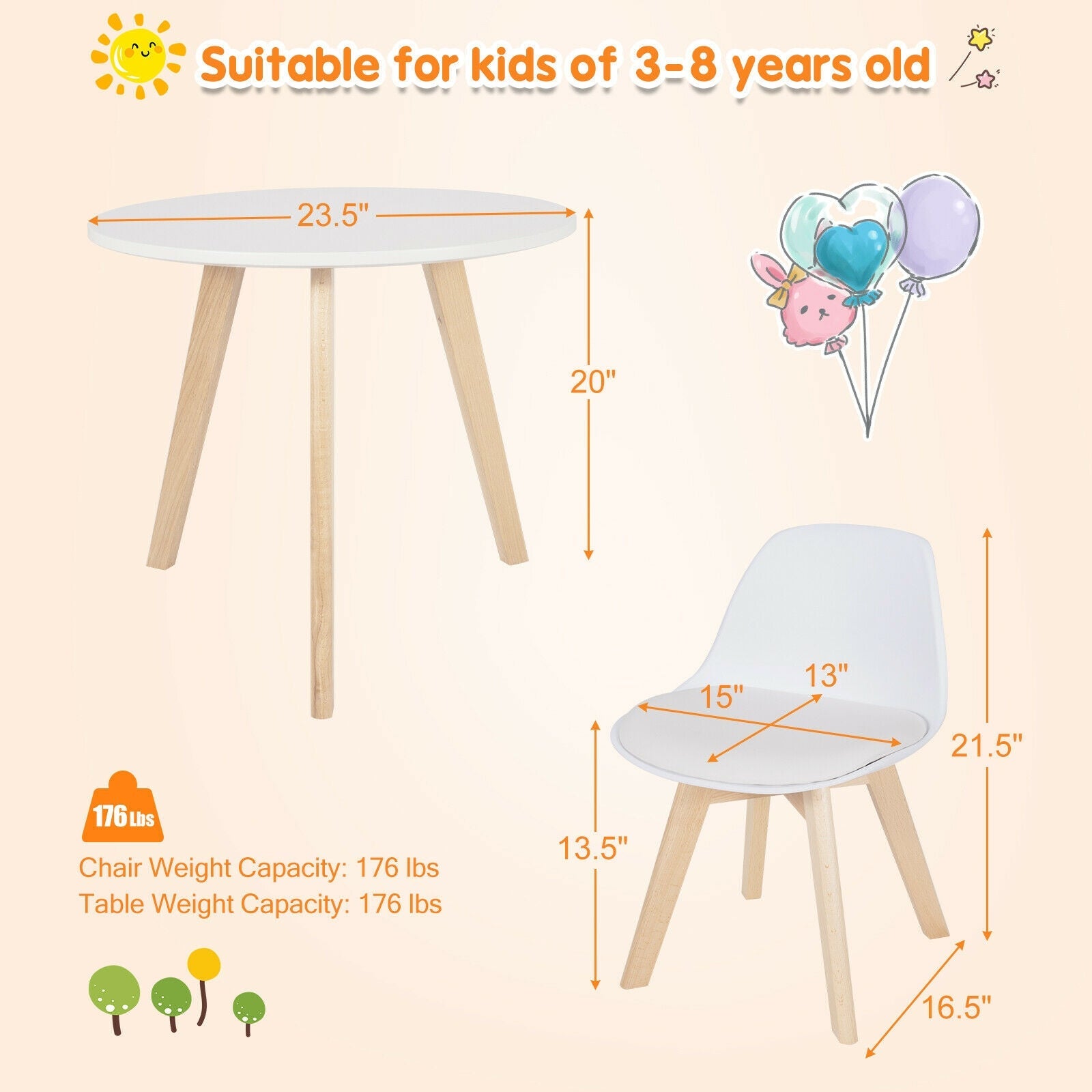 Modern Kids Activity Play Table and 2 Chairs Set - Beech Wood Legs with Cushion, White - Perfect for Toddler Arts & Crafts, Snack Time, and Learning Activities