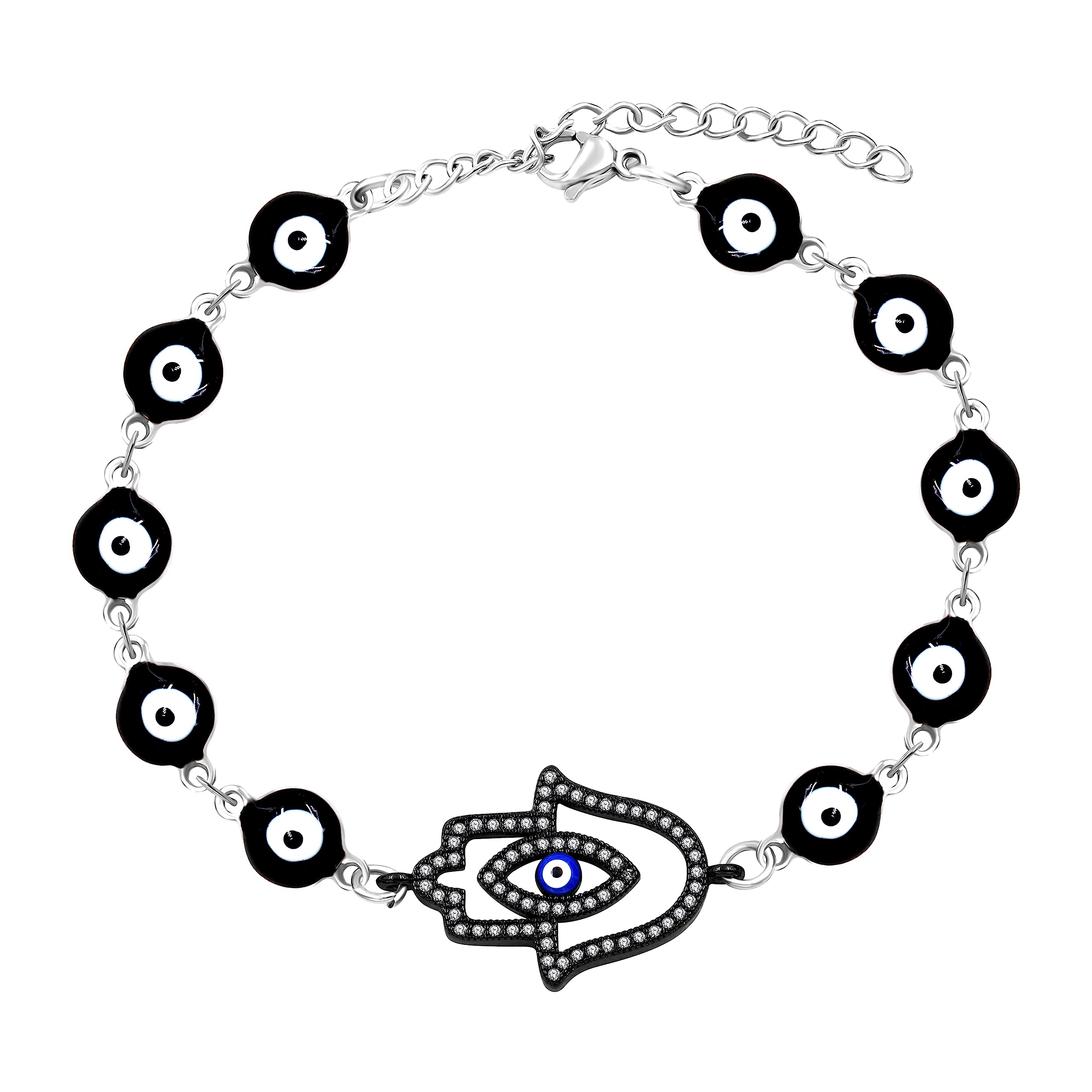 Uloveido Stainless Steel Evil Eye & Hamsa Hand Bracelet - Adjustable Protection Charm with Cubic Zirconia | Blue Eye Amulet Jewelry for Women | Perfect for Everyday Wear, Gift Giving & Spiritual Protection