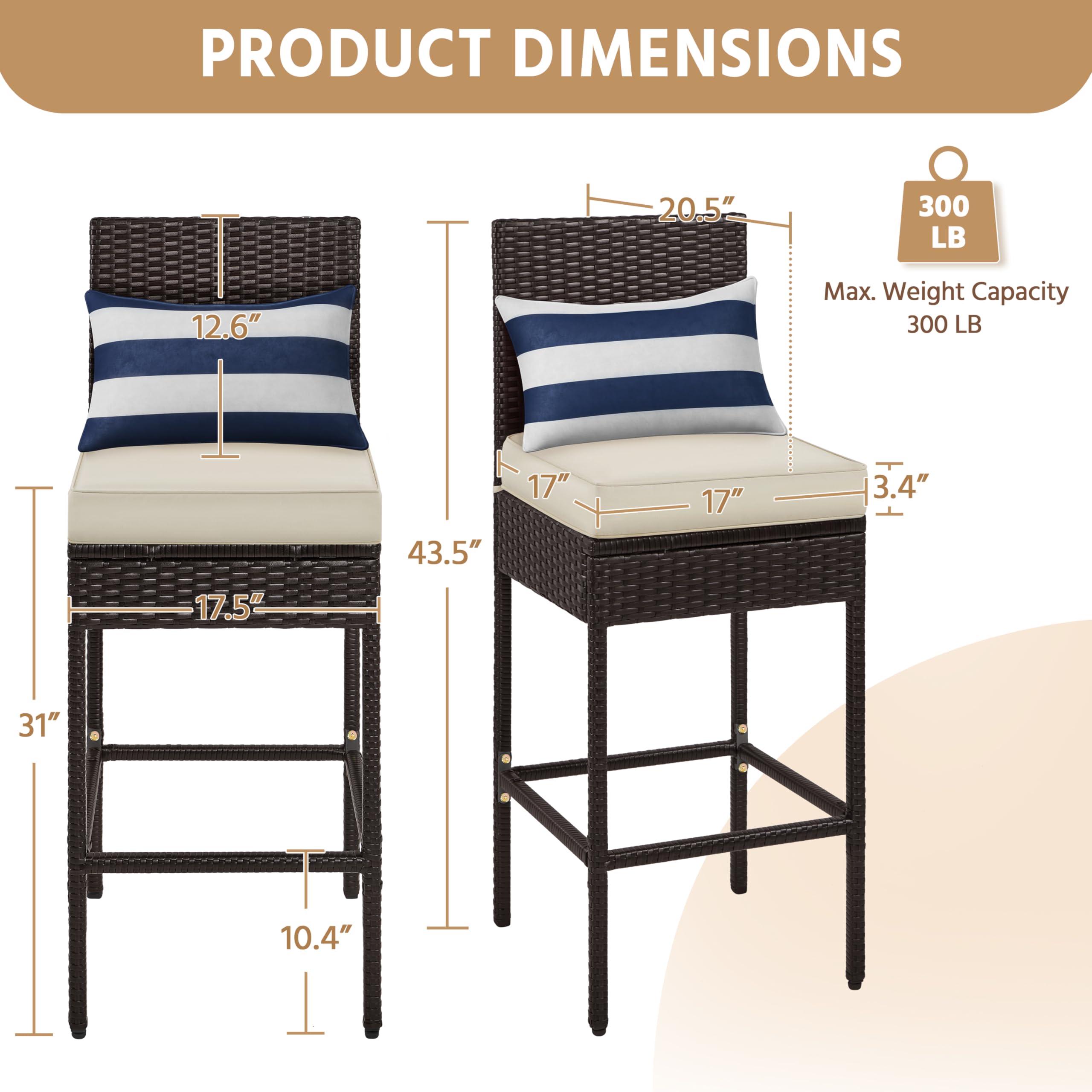 Yaheetech Set of 2 Outdoor Bar Stools - PE Rattan Bar Height Chairs with Cushions, Footrests & Backrest - 300lb Weight Capacity - Brown/Beige - Perfect for Patio, Backyard, Porch, Deck or Indoor Dining