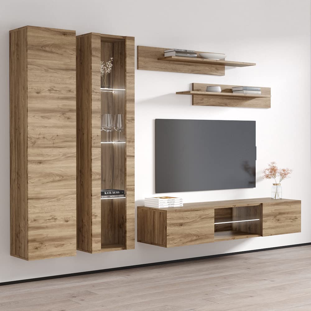Modern Floating TV Stand with Storage & LED Lights - Wall-Mounted Entertainment Center for Bedroom & Living Room - A4 33TV Console with Shelves - Oak Wood Furniture for Small Spaces & Home Theater Setup