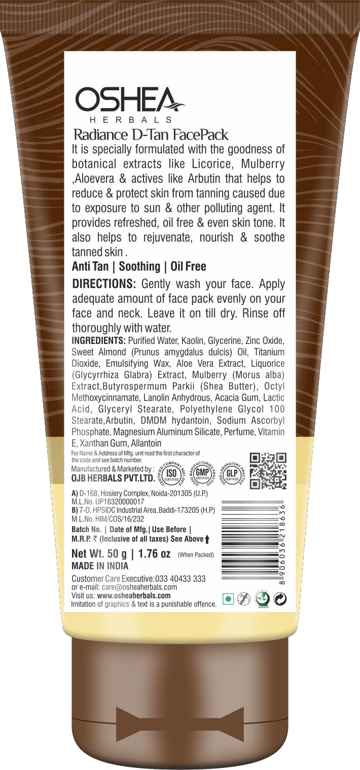 Oshea Herbals Radiance D-Tan Face Pack - 2 x 50g | Brightening & Tan Removal for Glowing Skin | Perfect for Daily Skincare & Post-Sun Care