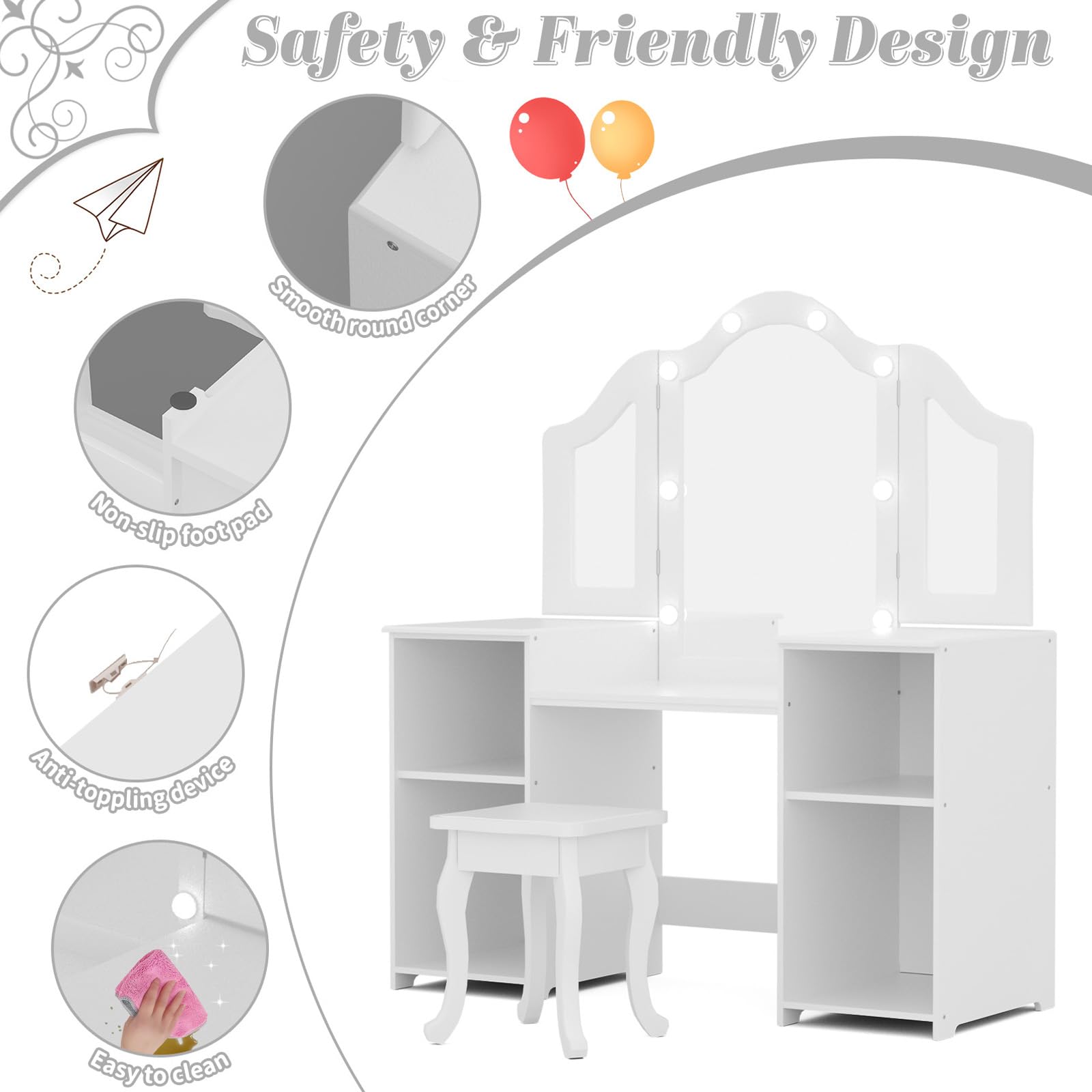 XJD Kids Vanity Set with Mirror, Stool & LED Lights - 2-in-1 Wooden Princess Makeup Desk & Storage Cabinet for Girls (White) - Perfect for Bedroom Decor, Birthday Gifts & Pretend Play