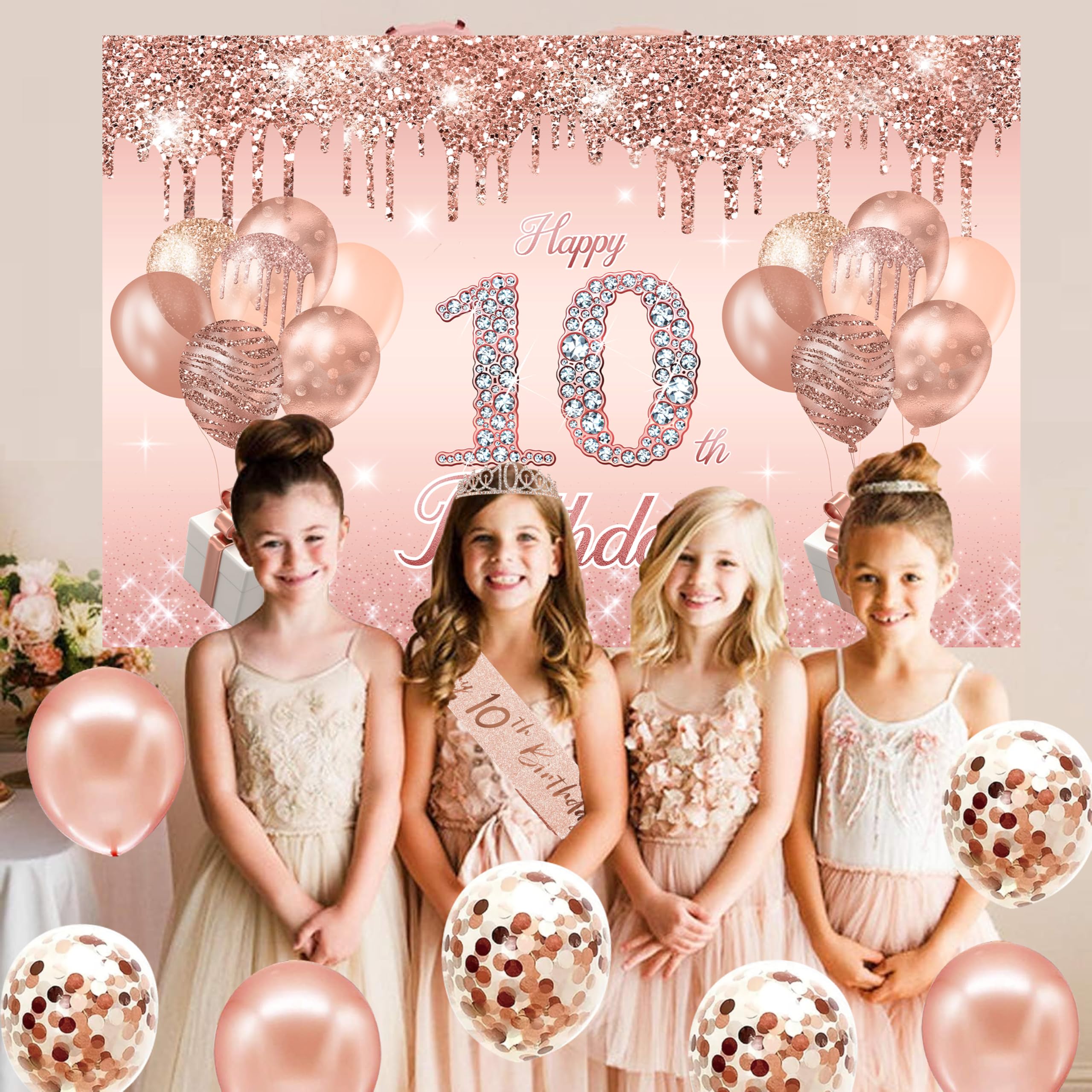 Rose Gold 10th Birthday Party Decorations Set - Happy Birthday Banner, Backdrop, Sash, Tiara & Balloons for Girls' Decade Celebration | Perfect for Birthday Parties, Photo Booths & Milestone Decor