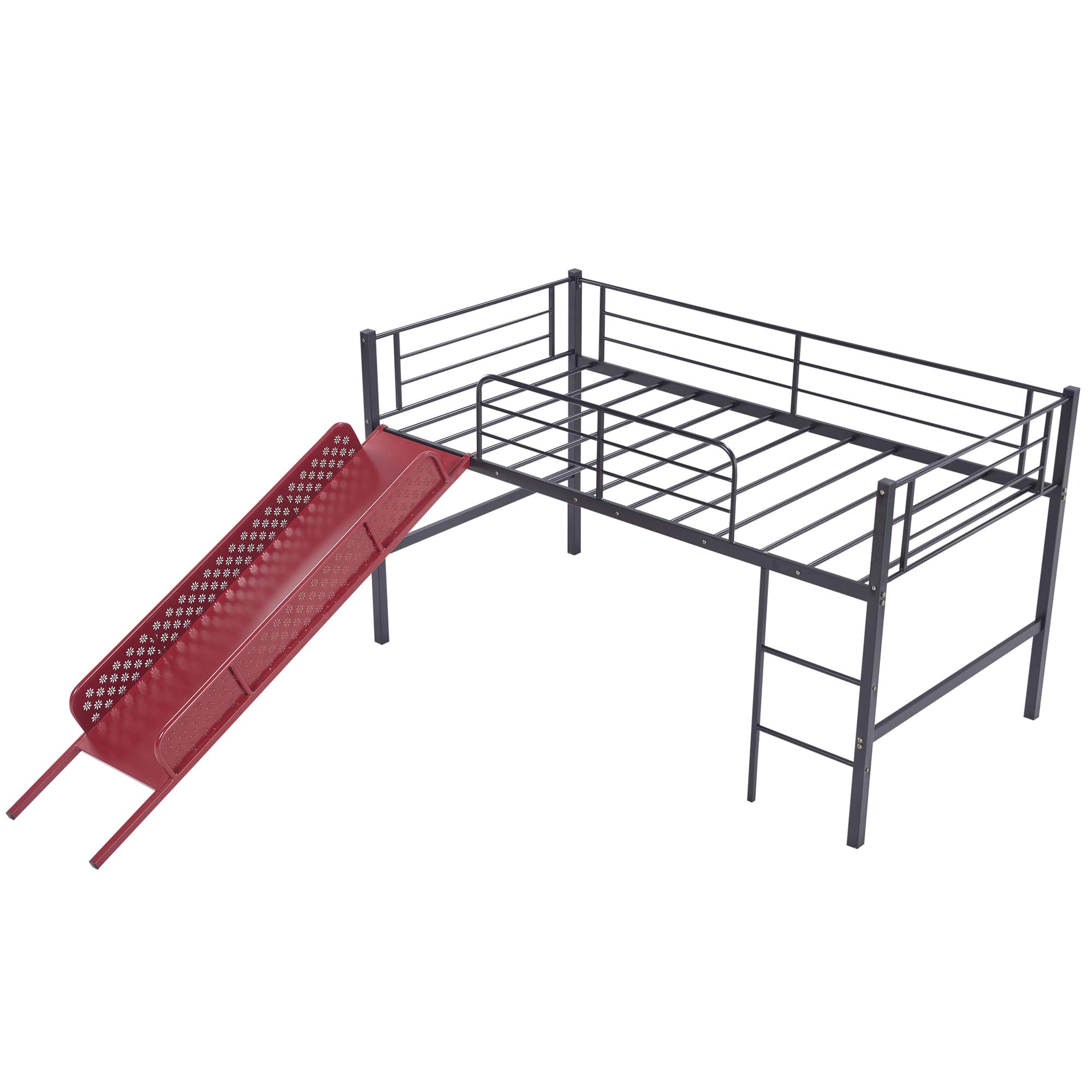 **Kids Twin Loft Bed with Slide - Sturdy Metal Low Loft Bed, Built-in Ladder & Safety Guard Rail, Multifunctional Space-Saving Design, No Box Spring Required (Red) - Perfect for Small Bedrooms, Playrooms & Dorm Rooms**