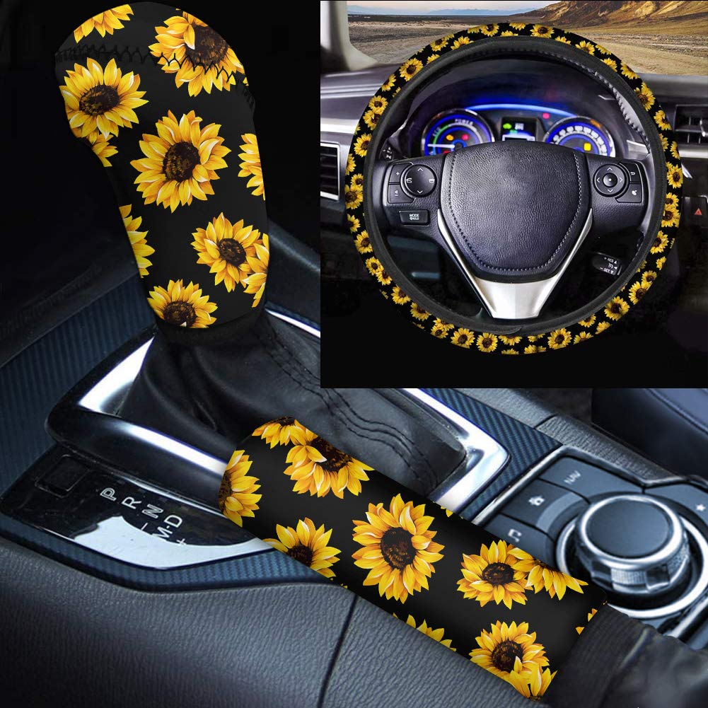 Binienty Yellow Sunflower Car Shift Knob Cover, Handbrake Cover & Steering Wheel Wrap Set - 3-Piece Car Interior Accessories for Women | Perfect for Summer Road Trips & Boho Style Vehicle Decoration