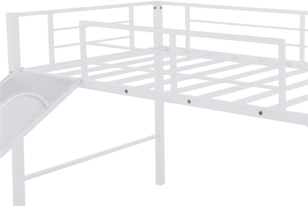 Metal Twin Low Loft Bed with Slide & Safety Guardrails - Space-Saving Kids Bed for Boys & Girls Bedroom Decor | No Box Spring Needed | Multifunctional Design (White) | Perfect for Small Rooms, Play Areas & Sleepovers