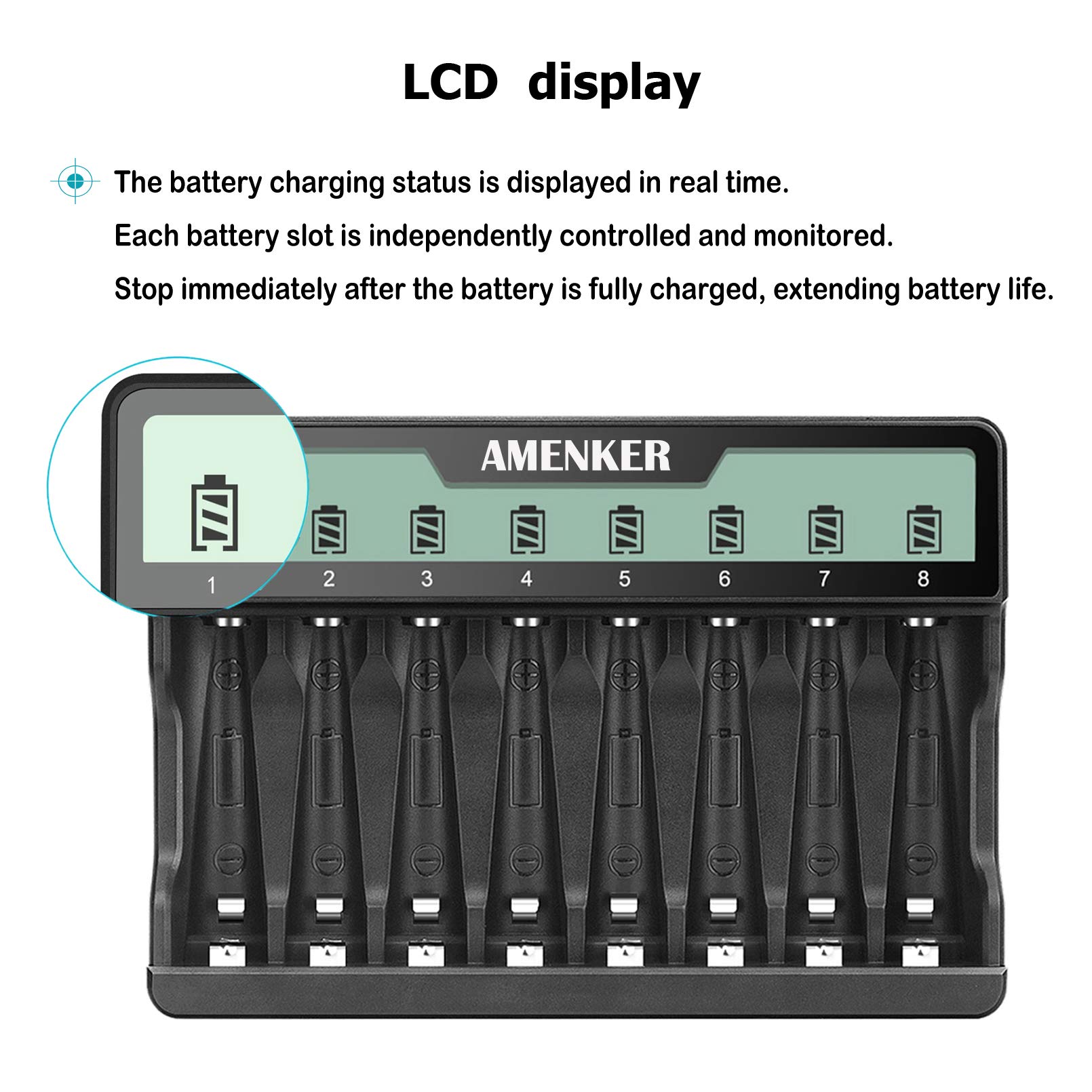8 Bay AA AAA Battery Charger with LCD Display - Fast USB/Type C Charging for Ni-MH Ni-CD Rechargeable Batteries - Independent Slot Control - Perfect for Cameras, Toys, Flashlights & Home Electronics