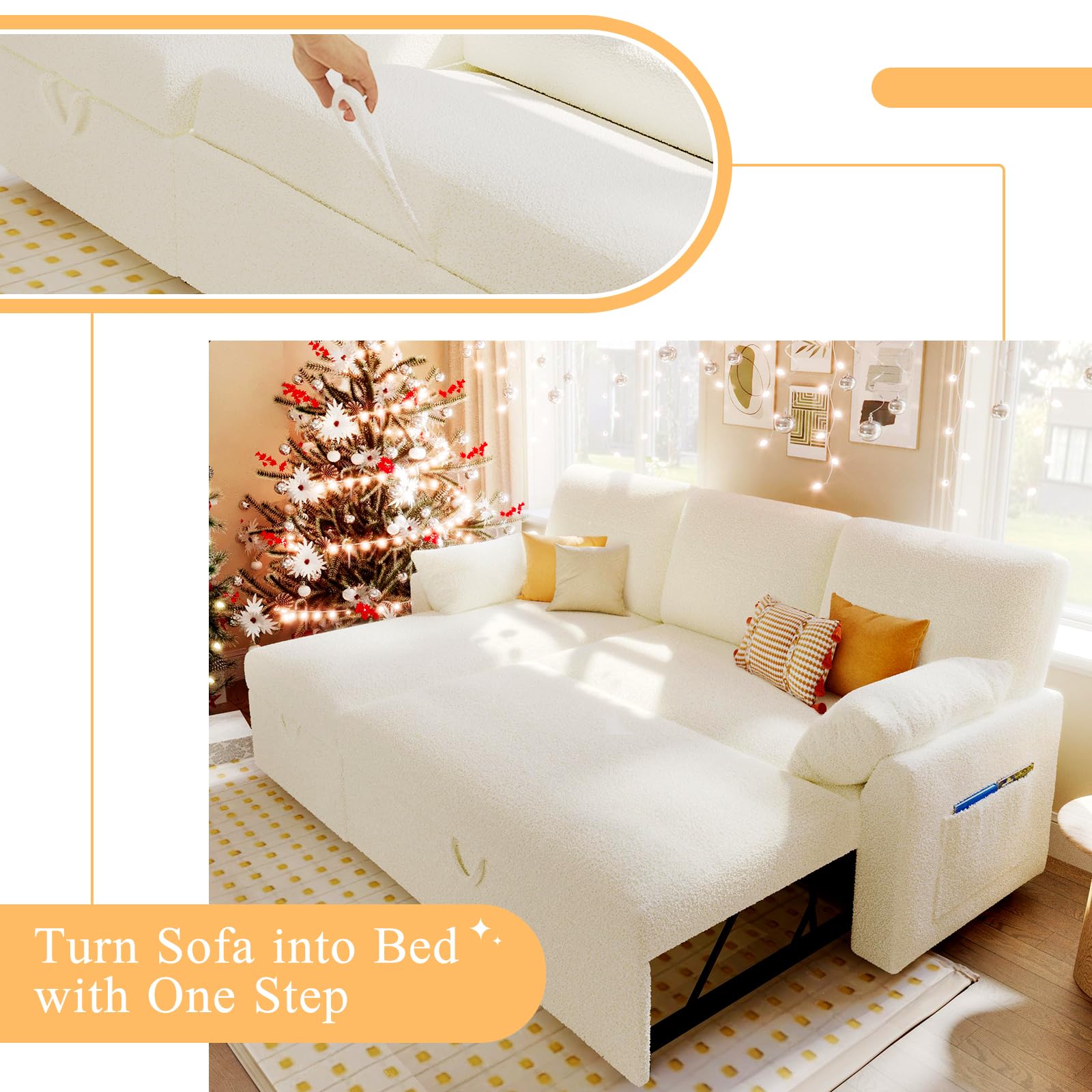 VanAcc Sleeper Sofa Bed - 2-in-1 Convertible Pull Out Couch with Storage Chaise | White Sherpa Fabric | Space-Saving Living Room Furniture for Small Apartments & Guest Rooms