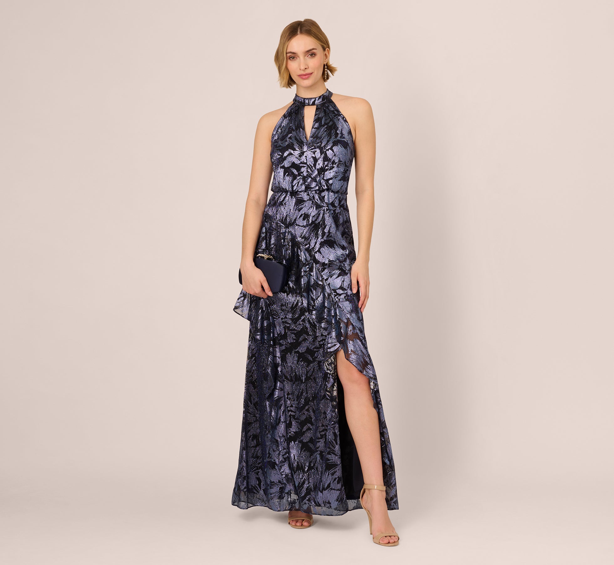 Elegant Navy Crinkle Metallic Keyhole Halter Ruffle Gown - Perfect for Evening Parties, Prom Dresses & Special Occasions