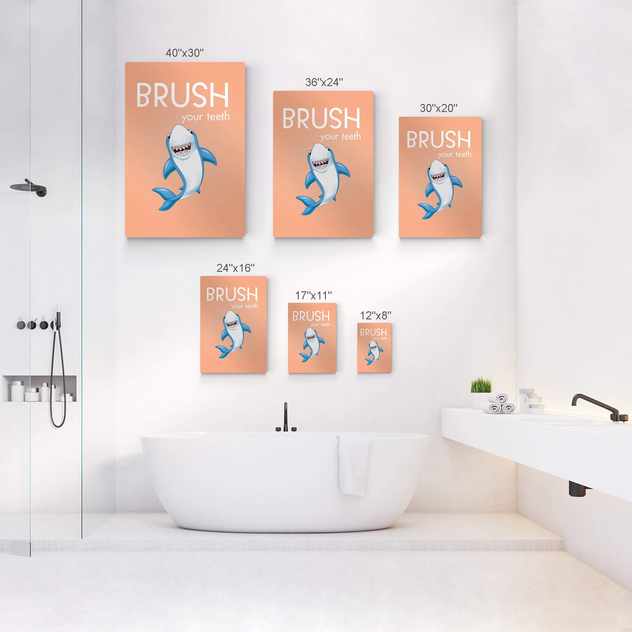 Funny Kids Bathroom Wall Art - Smile Art Design Brush Your Teeth Quote Metal Print, Shark Nursery Decor, Ready to Hang Bathroom Sign (36x24) | Made in USA | Perfect for Kids' Bathrooms, Nurseries & Playrooms