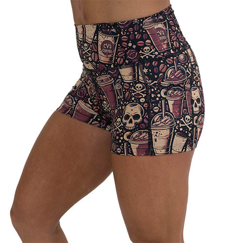 Women's High Waisted Workout Shorts - Caffeine Queen - Comfortable & Breathable for Running, Yoga & Gym