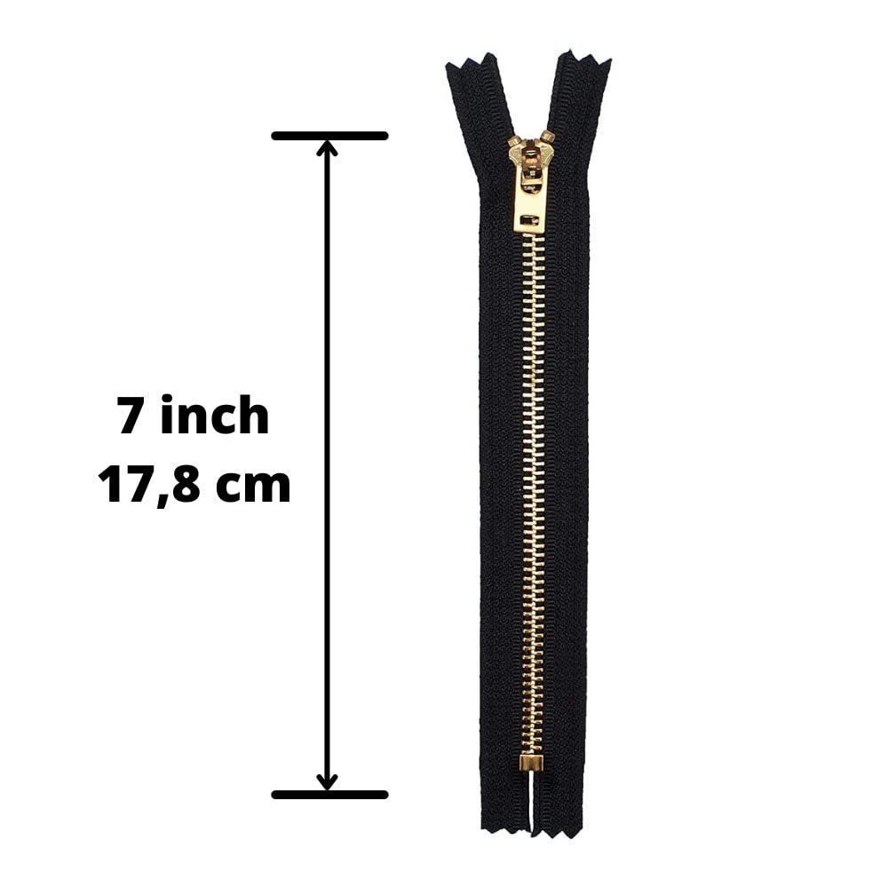 7 Inch Heavy Duty Metal Zipper - Black & Gold Brass Non-Separating Sewing Zipper for DIY Crafts, Leather Projects, Bags & Outdoor Gear