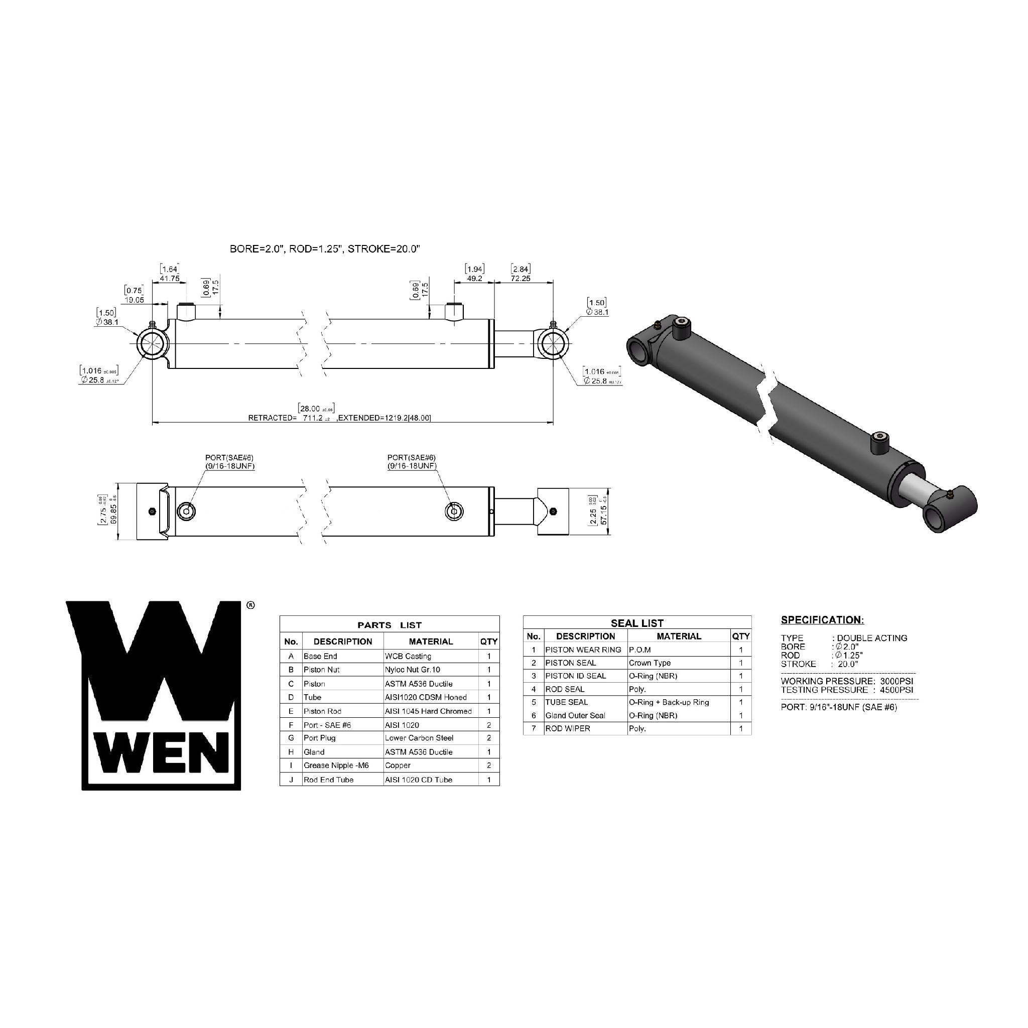 WEN WT2020 Hydraulic Cylinder - 2 Inch Bore, 20 Inch Stroke - Heavy Duty Cross Tube Design for Construction, Agriculture & Industrial Equipment