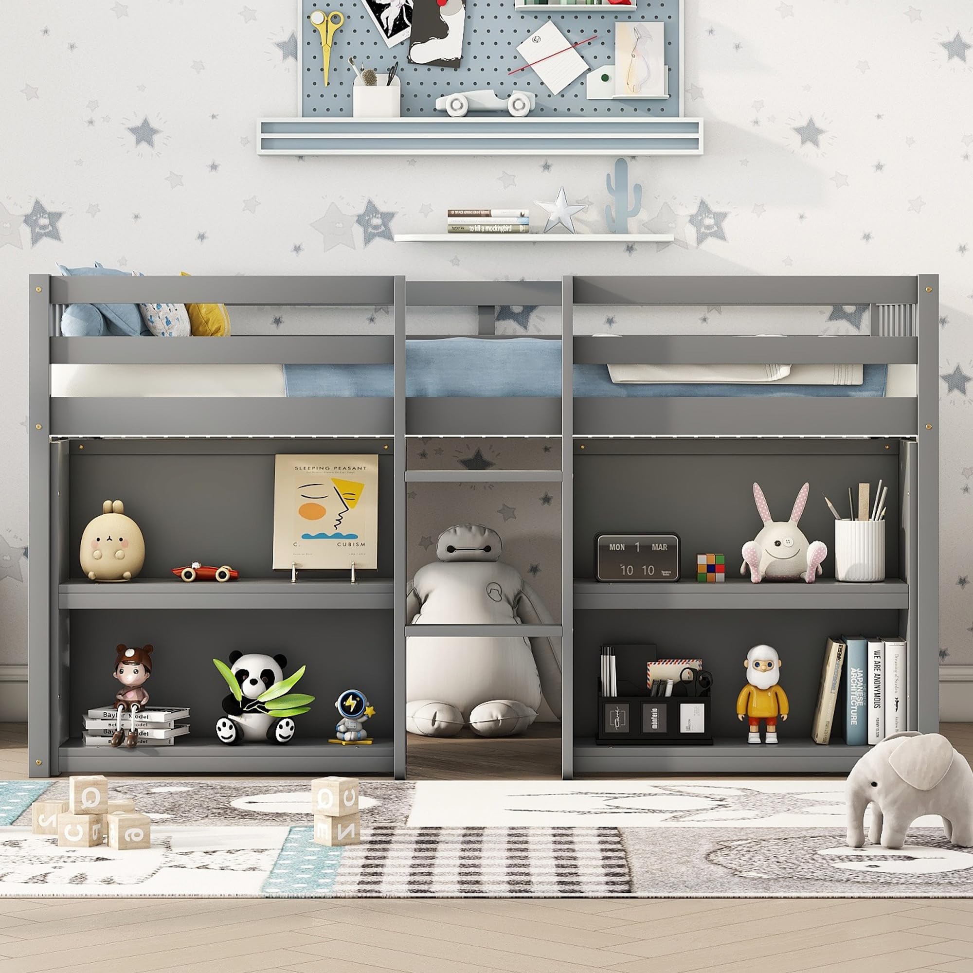 LED Twin Size Low Loft Bed with Storage Shelves & Built-in Lights - Space-Saving Kids Bed Frame for Boys & Girls, Grey - Perfect for Small Bedrooms, Dorm Rooms & Kids' Sleepovers