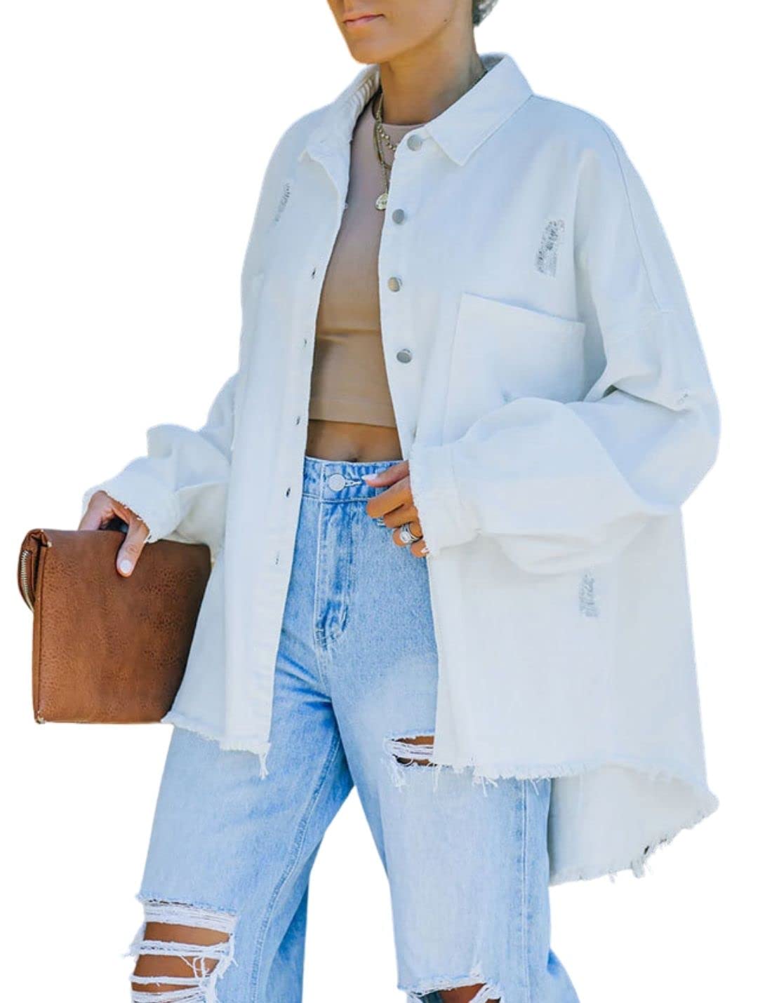 Springrain Women's Oversized Denim Jacket - Distressed Boyfriend Style Long Jean Coat for Women | Casual Streetwear, Layering & Fall Fashion Outfits