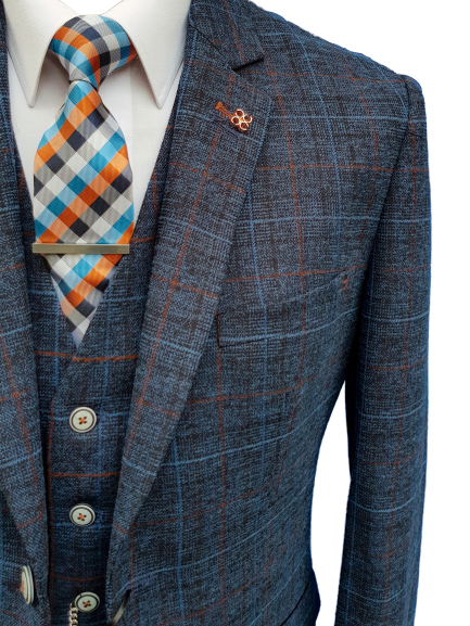 Cavani Cody Men's 3 Piece Blue Check Slim Fit Suit - Formal Business Attire for Weddings, Office & Special Occasions