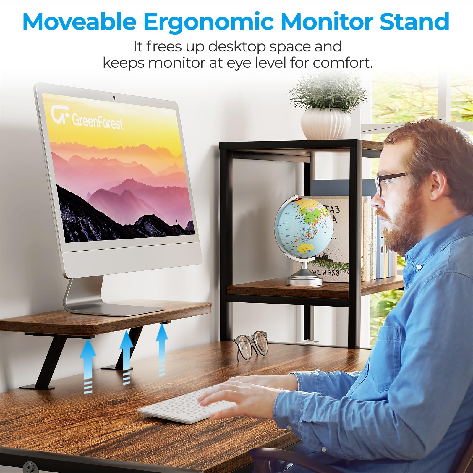 GreenForest 58 Inch Computer Desk with Printer Shelf & Monitor Stand - Reversible Office Desk with 2 Hooks, Sturdy Home Workstation for Study, Writing, Working & Gaming - Perfect for Small Spaces & Home Offices (Brown)
