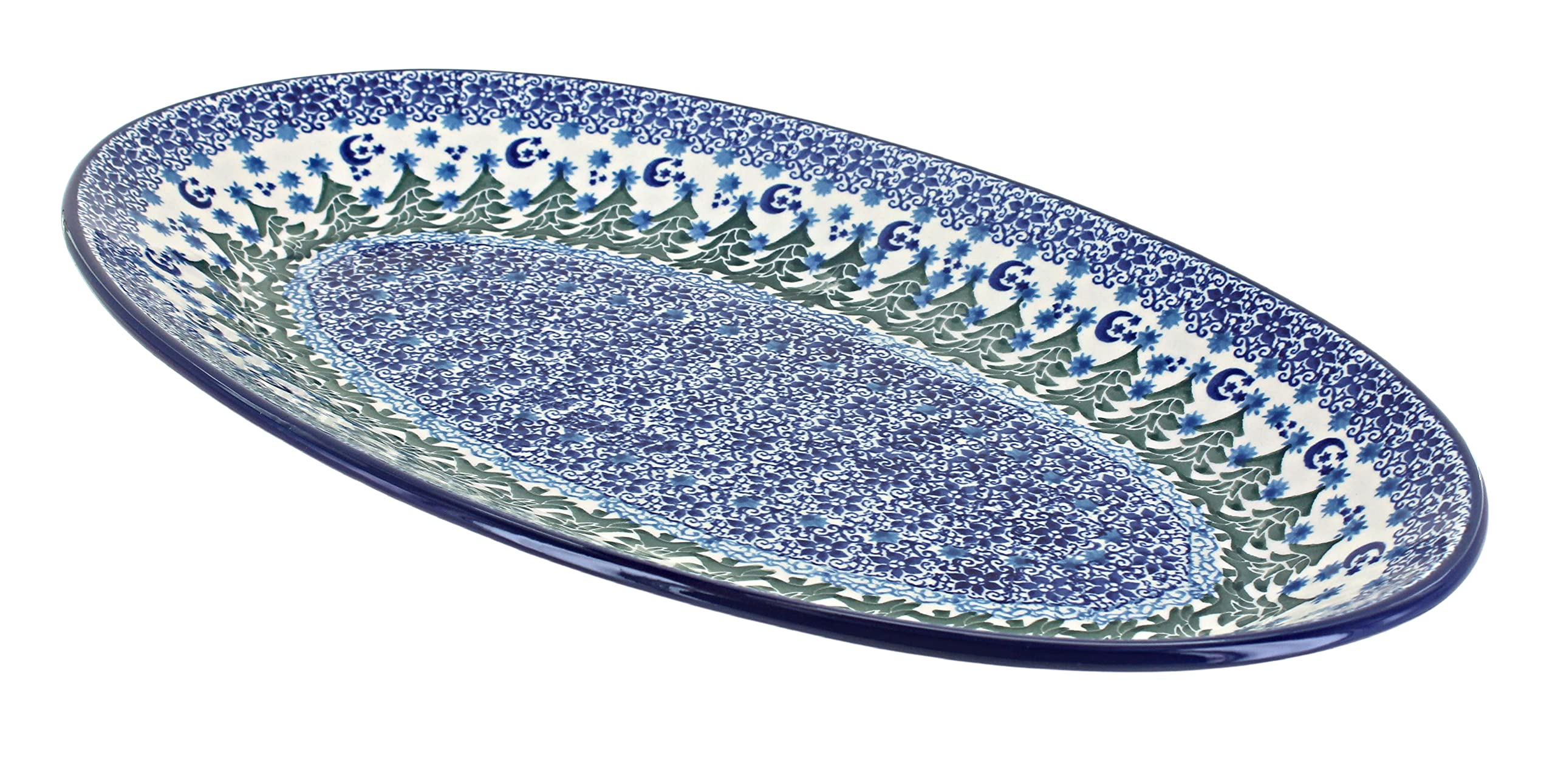 Blue Rose Polish Pottery Evergreen Magic Oval Platter - Handcrafted Ceramic Serving Dish for Holiday Dinners & Special Occasions