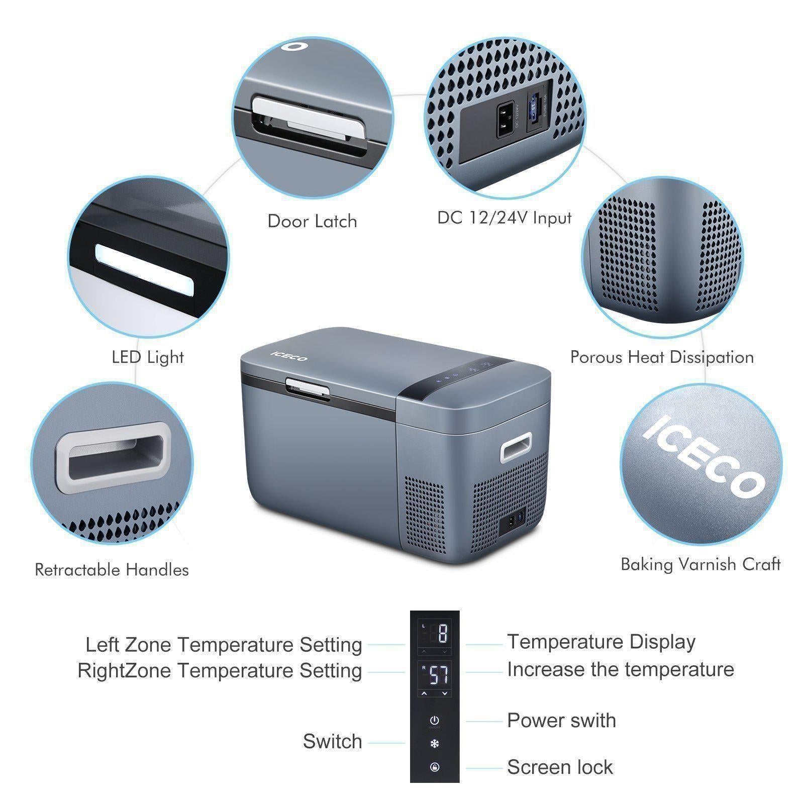 ICECO GO20 21QT Dual Zone Portable Car Fridge Freezer for Camping, Road Trips & Outdoor Adventures - 12V/24V DC & 110V AC Powered Mini Cooler