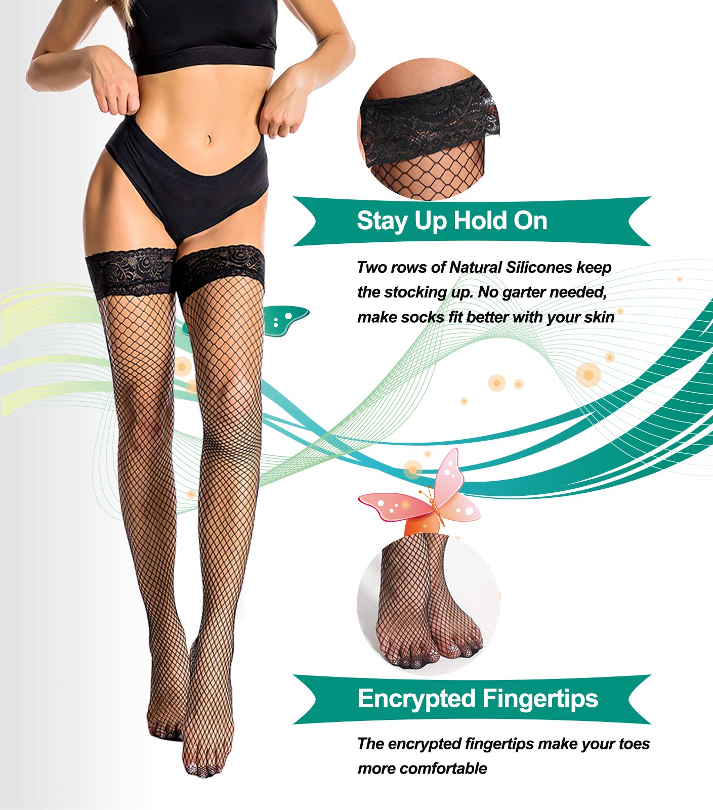 Women's Fishnet Tights & Stockings - Thigh High with Lace Top (Black, 2 Pairs, S/M) | Sexy Lingerie for Cosplay, Halloween, Night Out & Boudoir