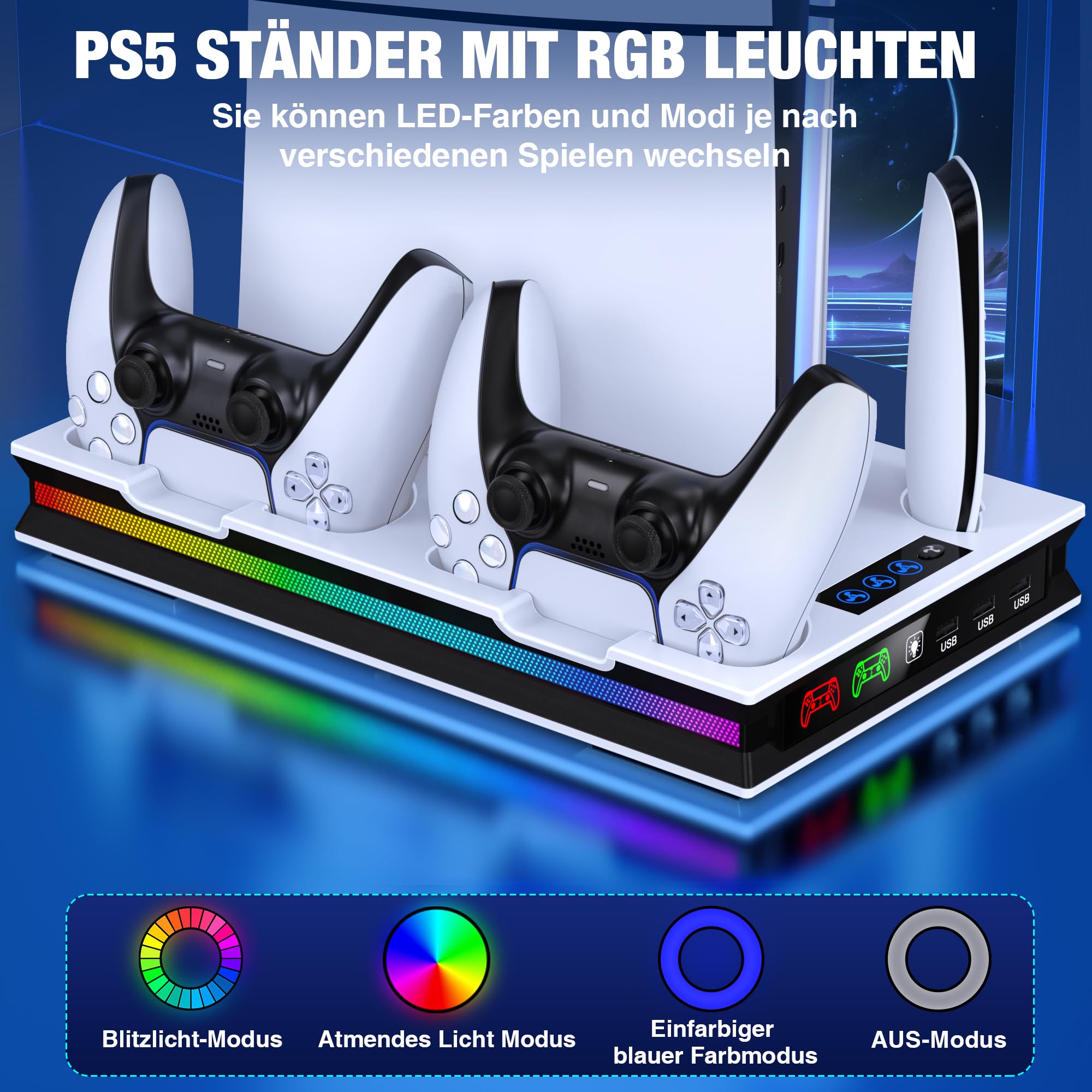 PS5 Stand with LED Light for PS5 Slim - 3-Speed Cooling Fan, Dual Controller Charger, Headset Hook & 4 USB-C Ports - Gaming Accessories for PS5 Slim Disc & Digital Edition - Perfect for Gaming Setups & Entertainment Centers