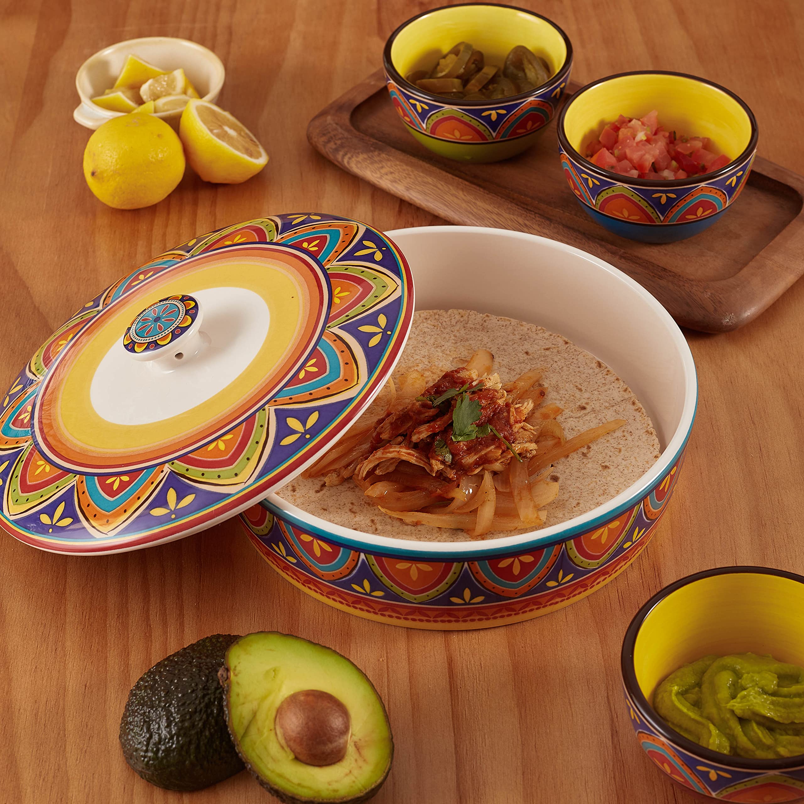 Bico Tunisian Ceramic 8.8 Inch Tortilla Warmer with Lid - Microwave & Dishwasher Safe Taco Holder for Mexican Fiesta, Taco Tuesday & Cinco De Mayo - Perfect for Parties, Family Dinners & Taco Nights