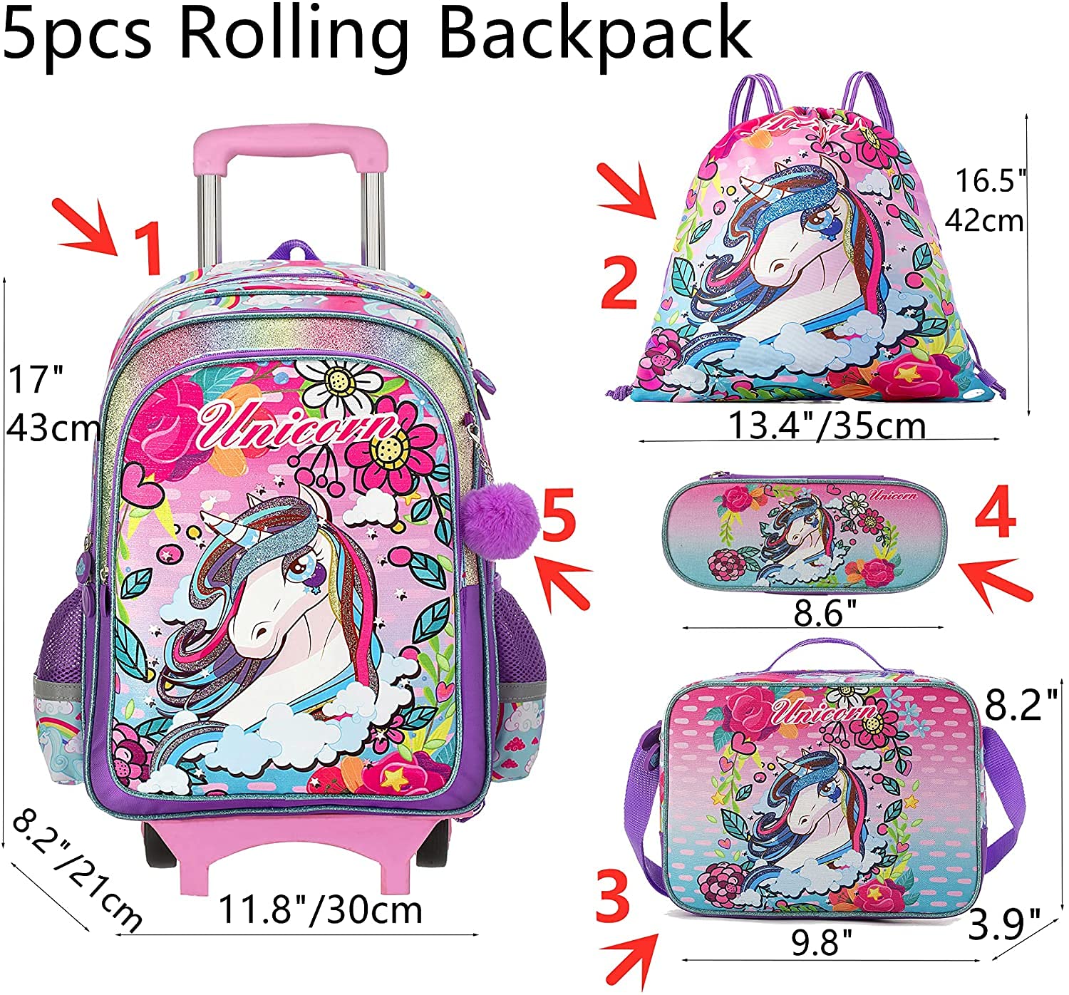 Egchescebo Kids Rolling Backpack for Girls - Pink Unicorn Pattern with Wheels, Trolley Handle & 5-Piece Set Including Lunch Box | Perfect for School, Travel & Daily Use