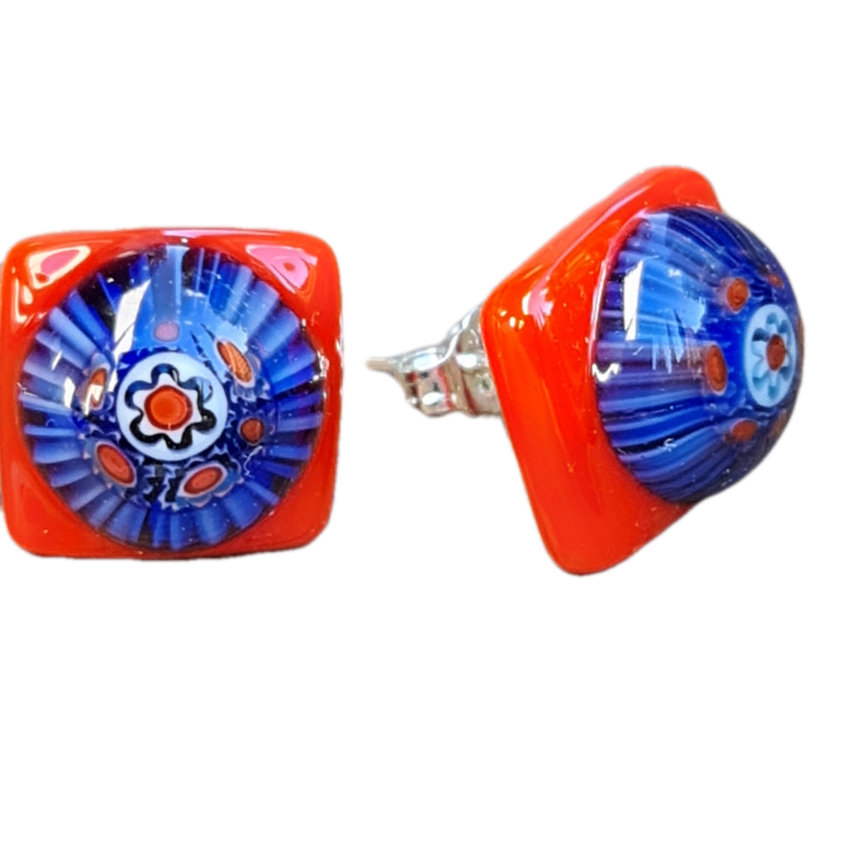 Handmade Artisan Glass Stud Earrings - Millifiori Red and Blue Floral Design - Perfect for Gifts, Weddings, and Special Occasions
