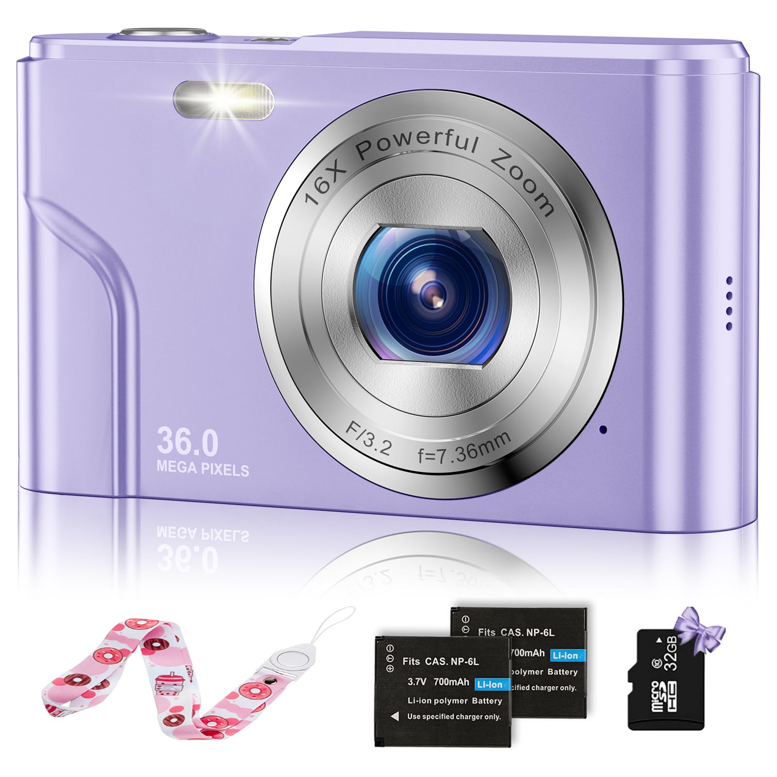 1080P 48MP Kids Digital Camera with 32GB SD Card - 2.4 Inch Screen, 16X Digital Zoom, Compact Mini Camera for Boys, Girls, Teens & Adults - Perfect for Birthday Gifts, Travel Photography & Family Moments (Purple)