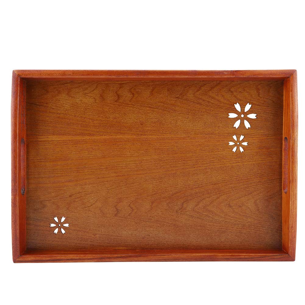 Natural Wooden Tea Tray with Cherry Blossom Pattern - Rectangular Brown Hollow Wood Tray for Coffee, Snacks & Desserts | Perfect for Tea Ceremonies, Home Decor & Gift Giving