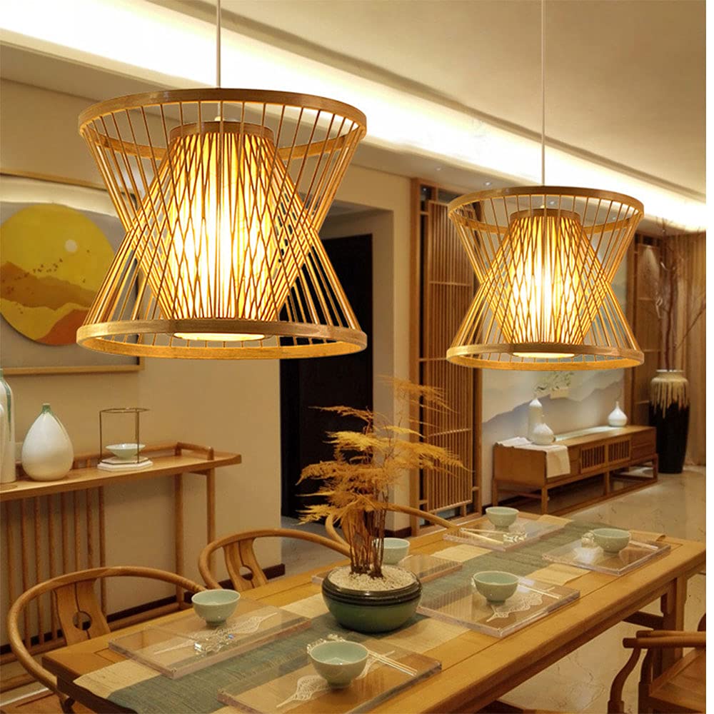 Modern Bamboo LED Pendant Light - Chinese Style Lantern Chandelier for Kitchen Island, Dining Room & Living Room | Semi-Recessed Ceiling Hanging Lamp | Perfect for Farmhouse, Restaurant & Home Decor | Energy-Efficient Lighting Solution