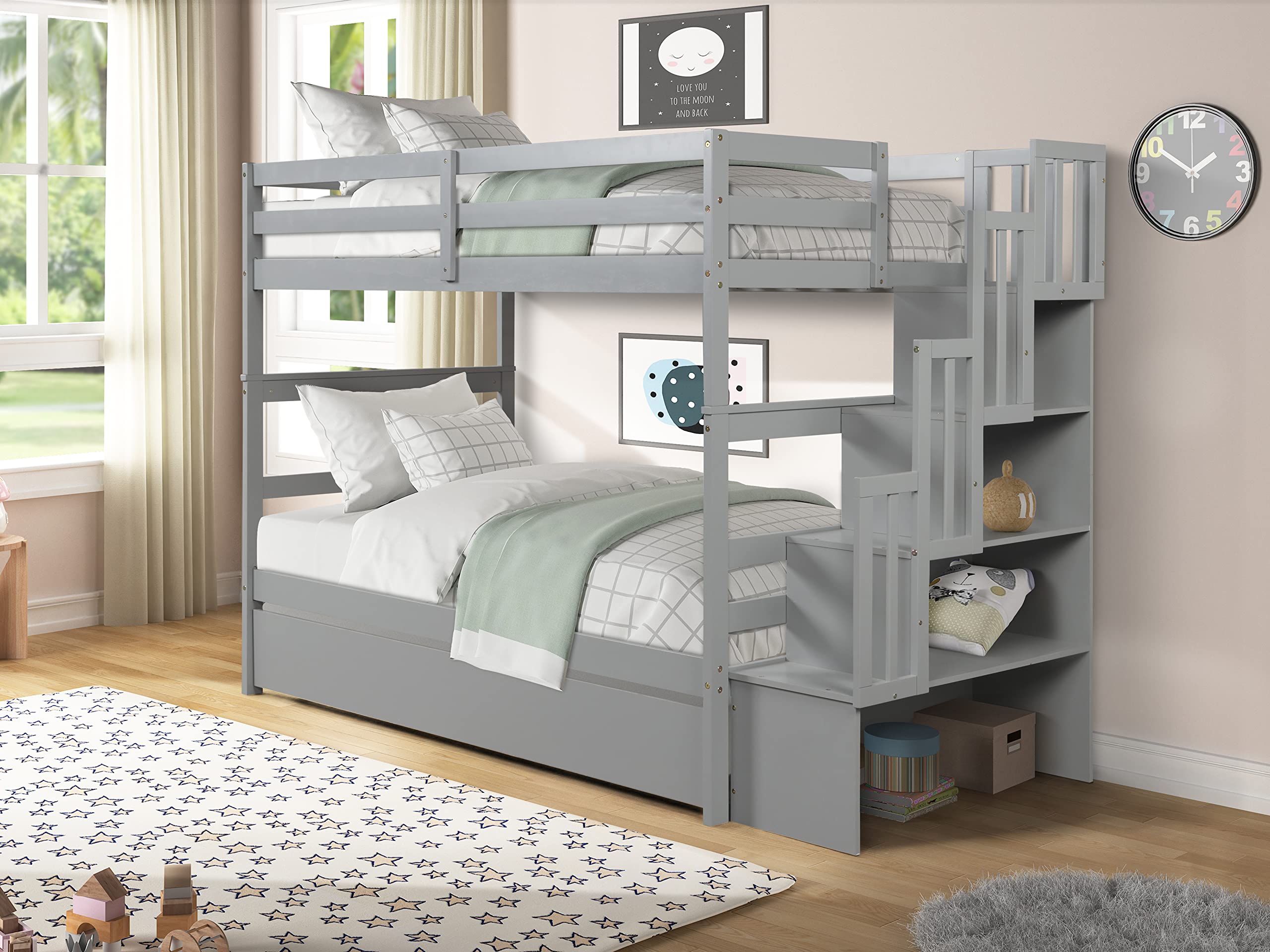 Harper & Bright Designs Twin Over Twin Bunk Bed with Trundle & Storage Shelf - Solid Wood Staircase Bunk Bed for Kids, Teens & Adults - Space-Saving Grey Bunk Bed for Small Rooms, Guest Rooms & Vacation Homes - No Box Spring Needed