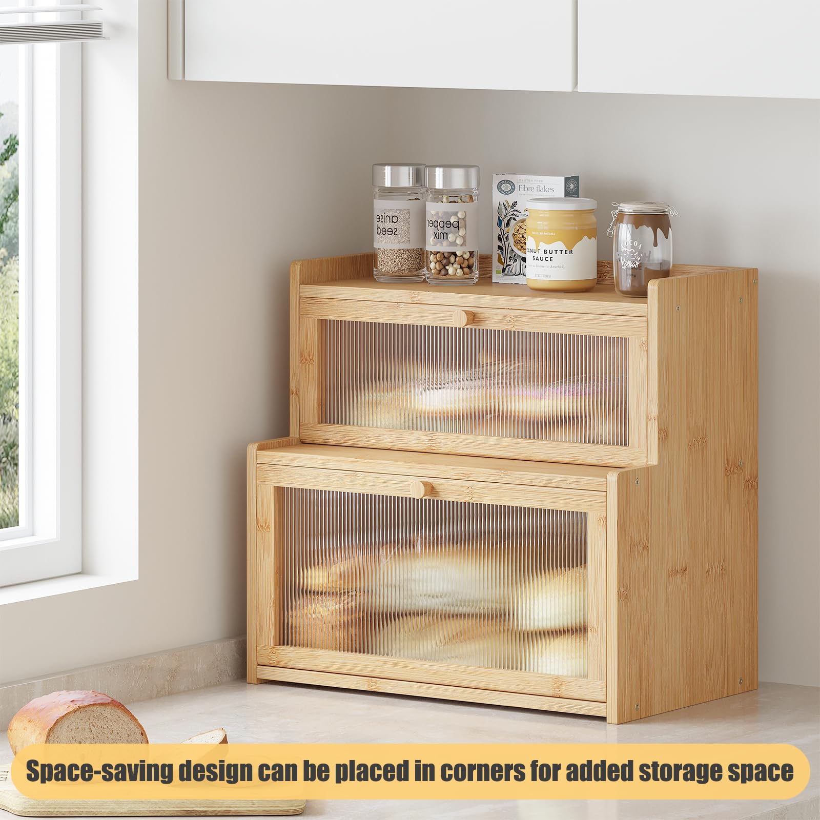 Double Layer Bamboo Bread Box with Window - Natural Wood Bread Storage Container for Kitchen Countertop | Perfect for Storing Baguettes, Sourdough, and Artisan Breads | Keep Bread Fresh on Counter or Pantry