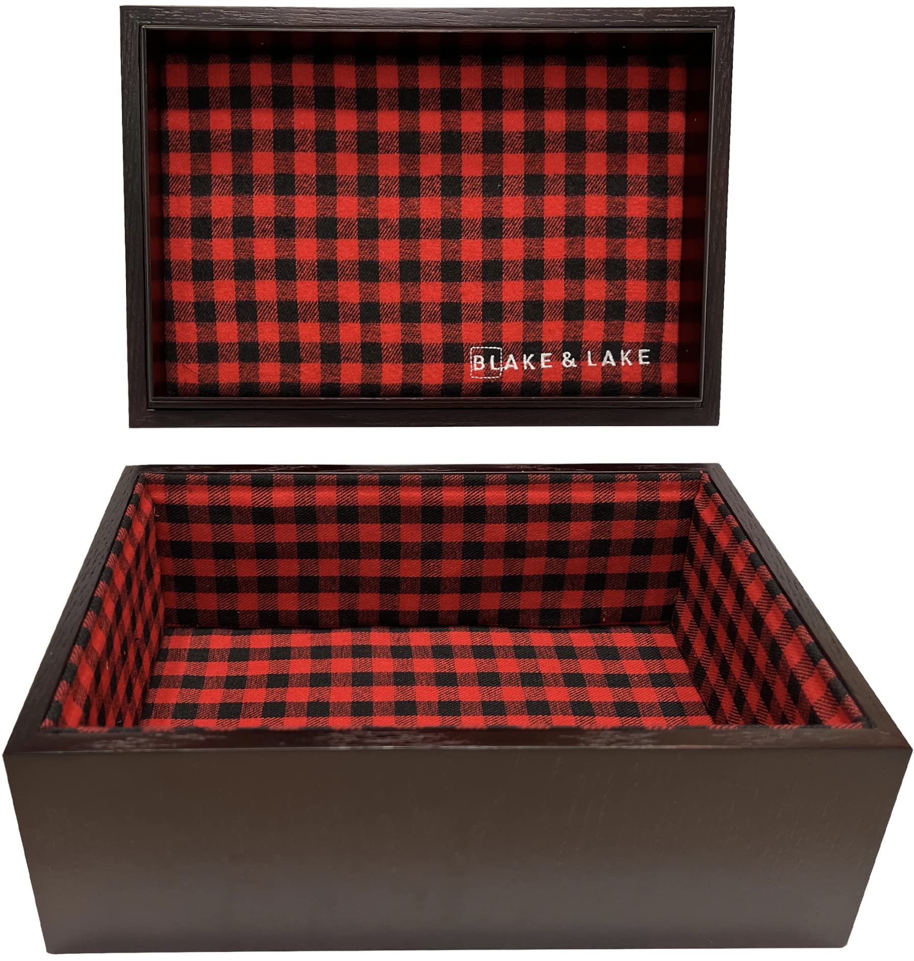 Blake & Lake Large Oak Wood Keepsake Box with Buffalo Plaid Lining - Handcrafted Decorative Storage Box with Lift-Off Lid - Perfect for Jewelry, Photos & Home Decor Organization