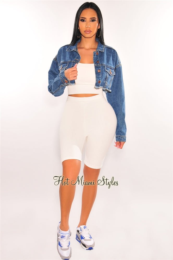 Blue Denim Long Sleeve Destroyed Back Cropped Jacket for Women - Vintage Distressed Denim Jacket with Ripped Details - Perfect for Casual Outfits, Streetwear & Fall Layering