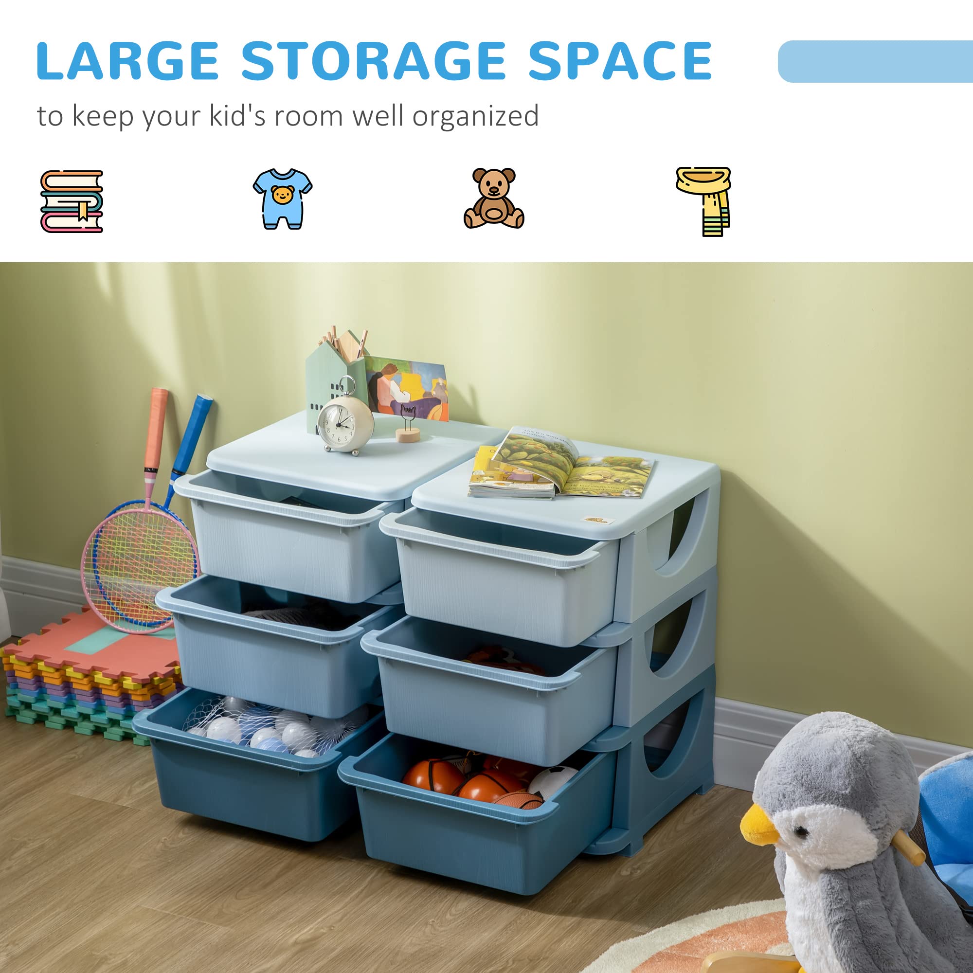 Qaba 3-Tier Kids Storage Unit with 6 Drawers - Toy Organizer with Plastic Bins for Boys & Girls - Nursery, Bedroom, Kindergarten & Living Room Storage Solution - Perfect for Organizing Toys, Books & Clothes (Blue)