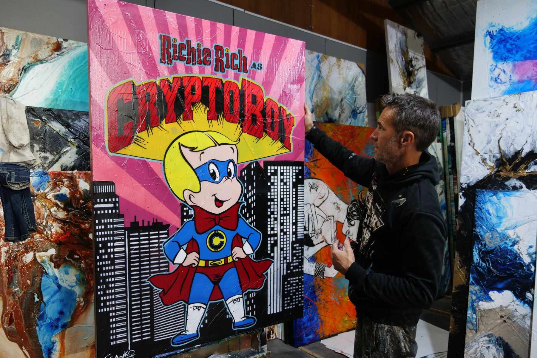 Richie Rich Textured Urban Pop Art Painting - 140cm x 100cm Crypto Boy Rules Wall Decor for Modern Living Room & Office