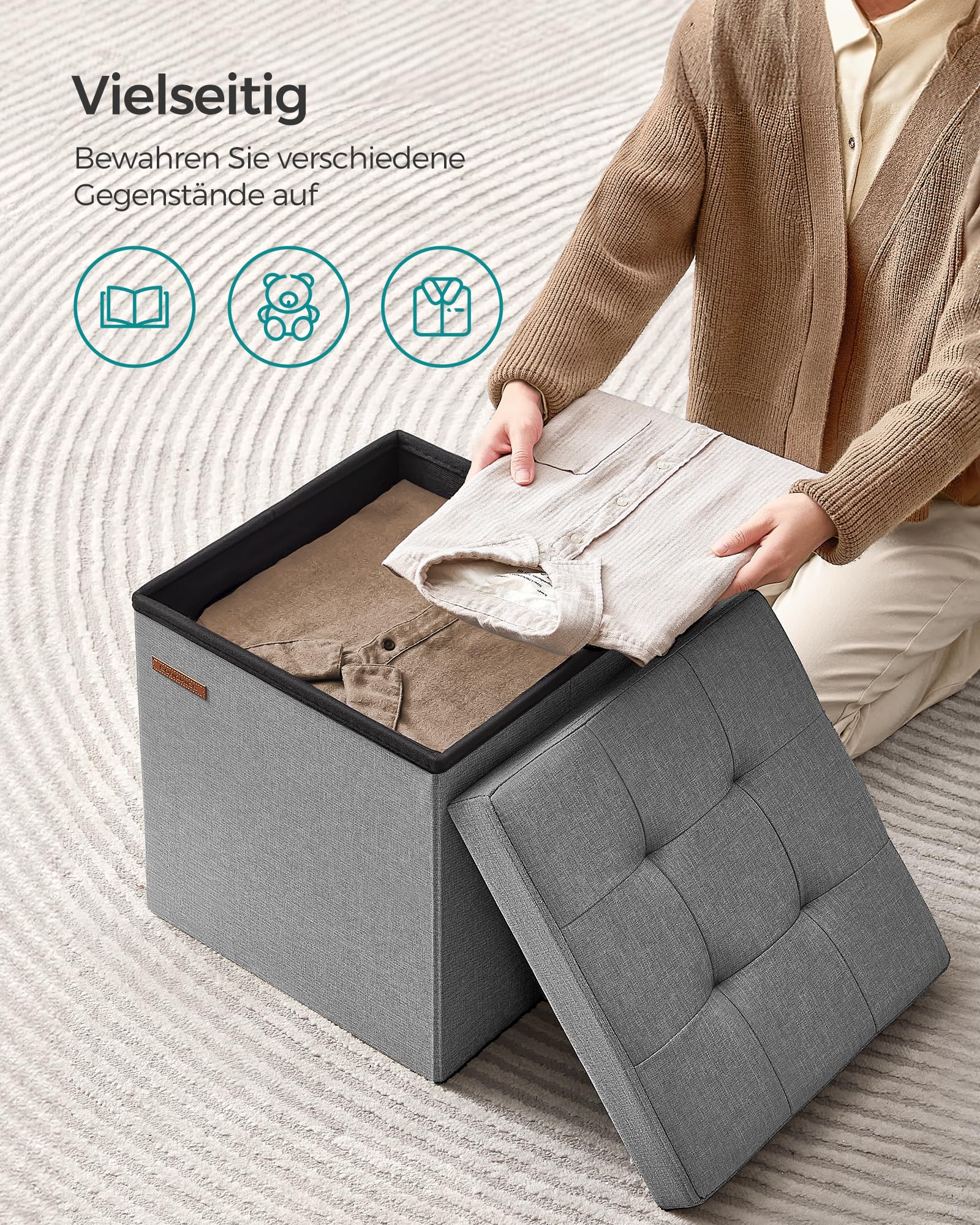SONGMICS 38cm Foldable Storage Ottoman Bench with Hidden Compartment, Multi-Purpose Footrest Stool, Ash Gray LSF027G12 - Perfect for Living Room, Bedroom & Entryway Organization
