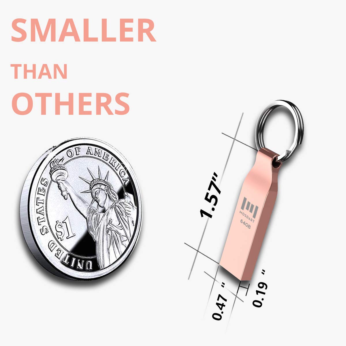 MOSDART 64GB Waterproof USB 2.0 Flash Drive - Metal Memory Stick with Keychain, exFAT Format for Windows/Mac, Rose Gold (2 Pack) - Perfect for System Backup, Data Storage & File Transfer at Home, Office or School