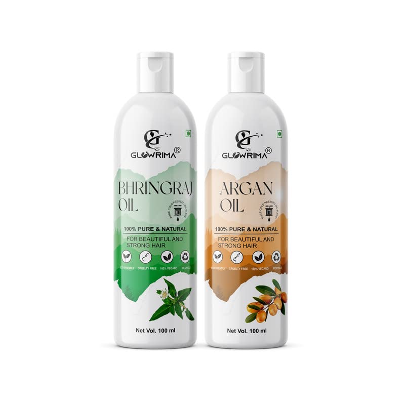 Glowrima 100% Pure Bhringraj Oil & Argan Oil Combo (100ML Each) for Hair Growth, Anti Hair Fall, Split Ends Repair - Promotes Soft, Shiny Hair - Pack of 2 - Perfect for Daily Hair Care & Scalp Massage