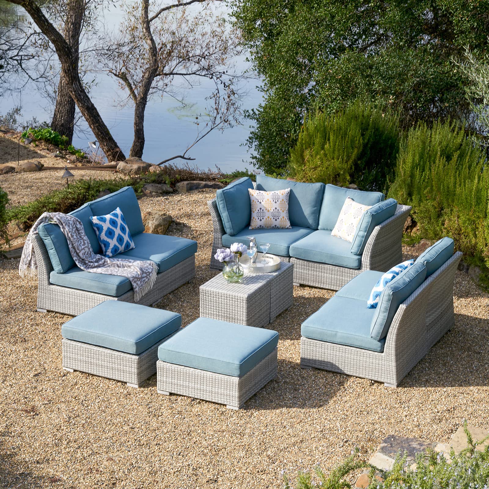 11-Piece Large Outdoor Patio Furniture Set with Fire Pit Table - 8-Seater All-Weather Wicker Conversation Set (6 Sofa Seats, 2 Ottomans & 2 Coffee Tables) for Backyard, Deck, Garden & Poolside Relaxation