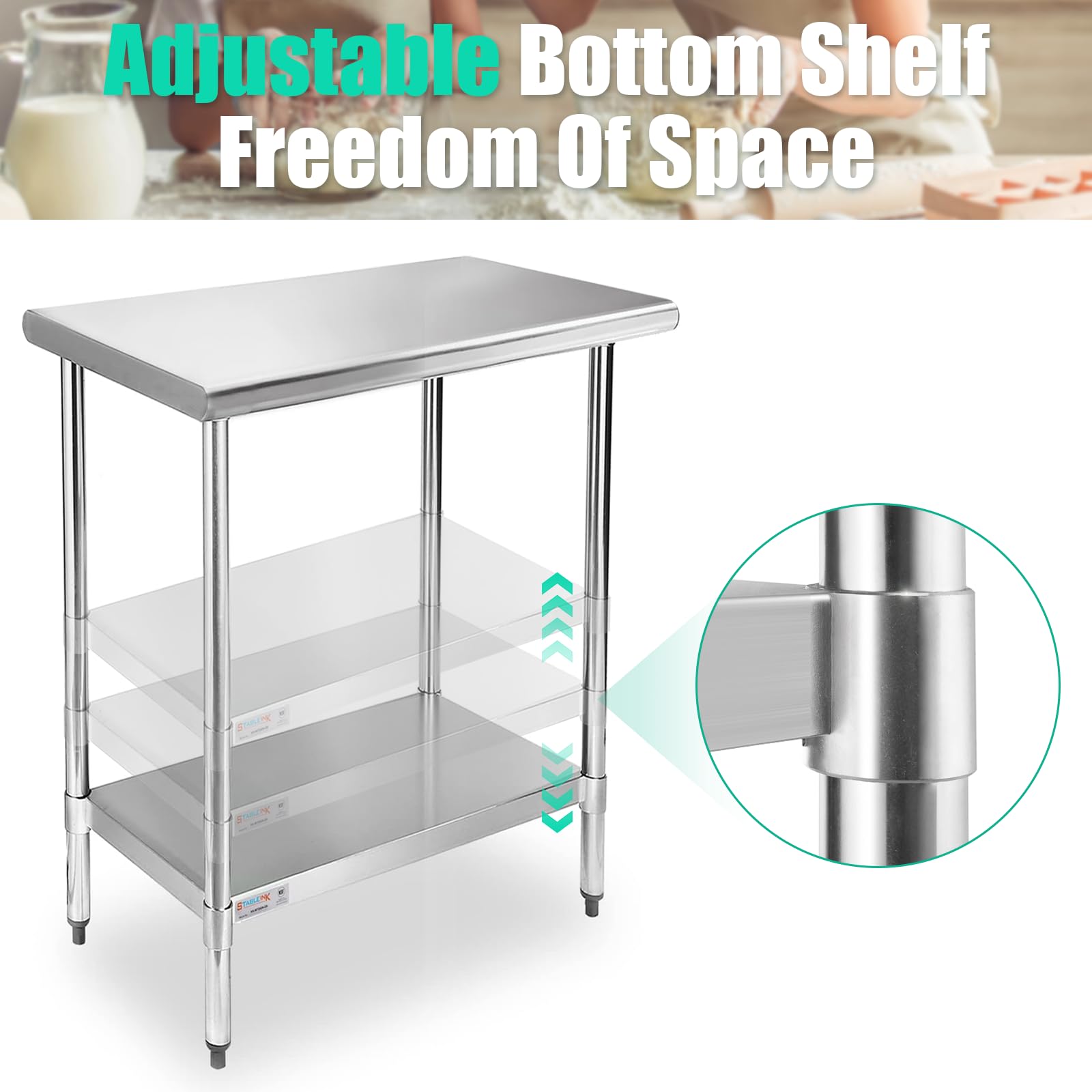 STABLEINK NSF Stainless Steel Work Table - 30 x 18 Inches Commercial Prep Table with Adjustable Undershelf | Heavy Duty Metal Table for Restaurant Kitchen, Hotel, Bakery & Garage Use | Perfect for Food Prep, Storage & Workshop Projects