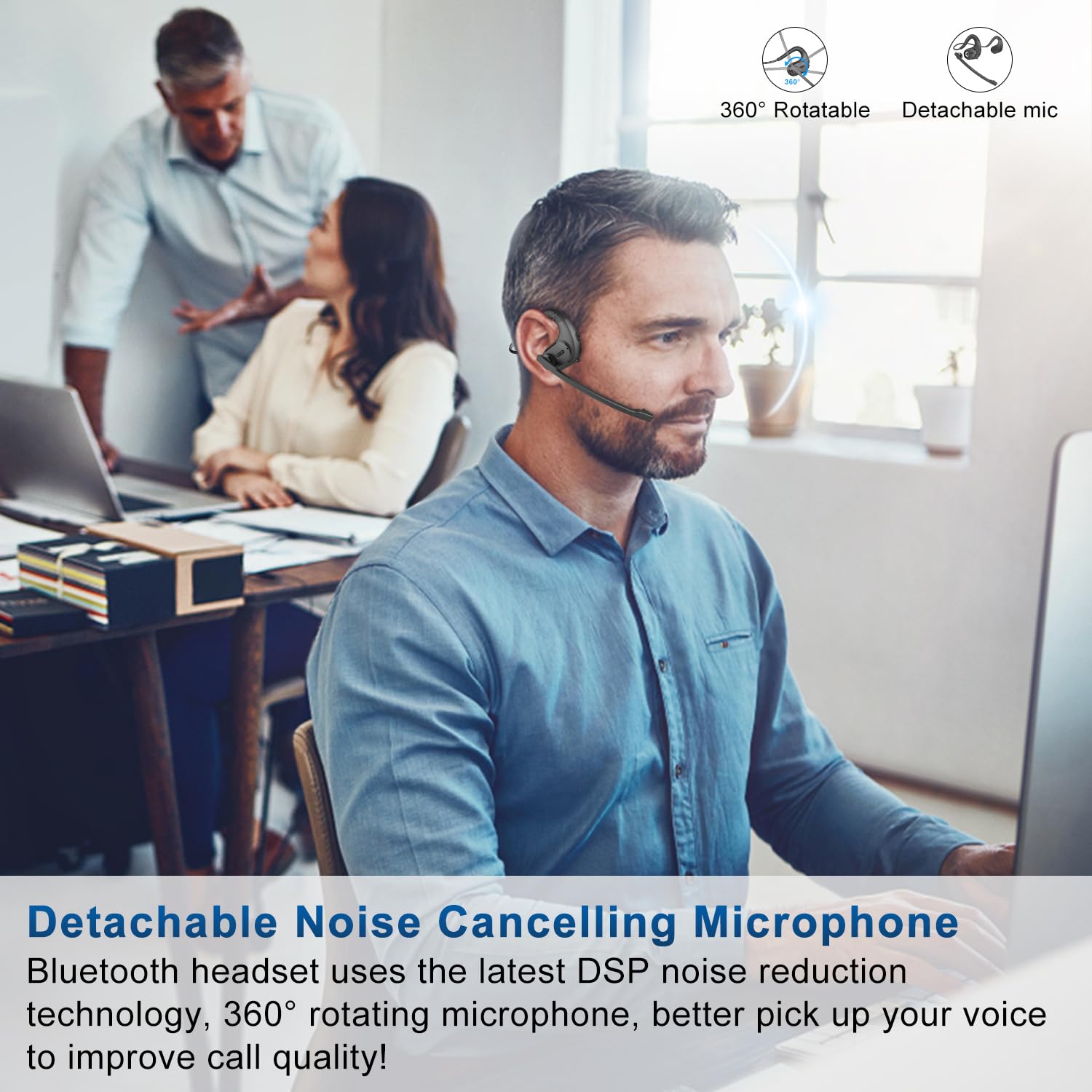 BANIGIPA Bluetooth Headset with Microphone - Wireless Noise Cancelling Headphones for Phone, Laptop, PC - Open Ear Design for Office Meetings, Running, Cycling, Driving & Work - Perfect for Remote Work & Outdoor Activities